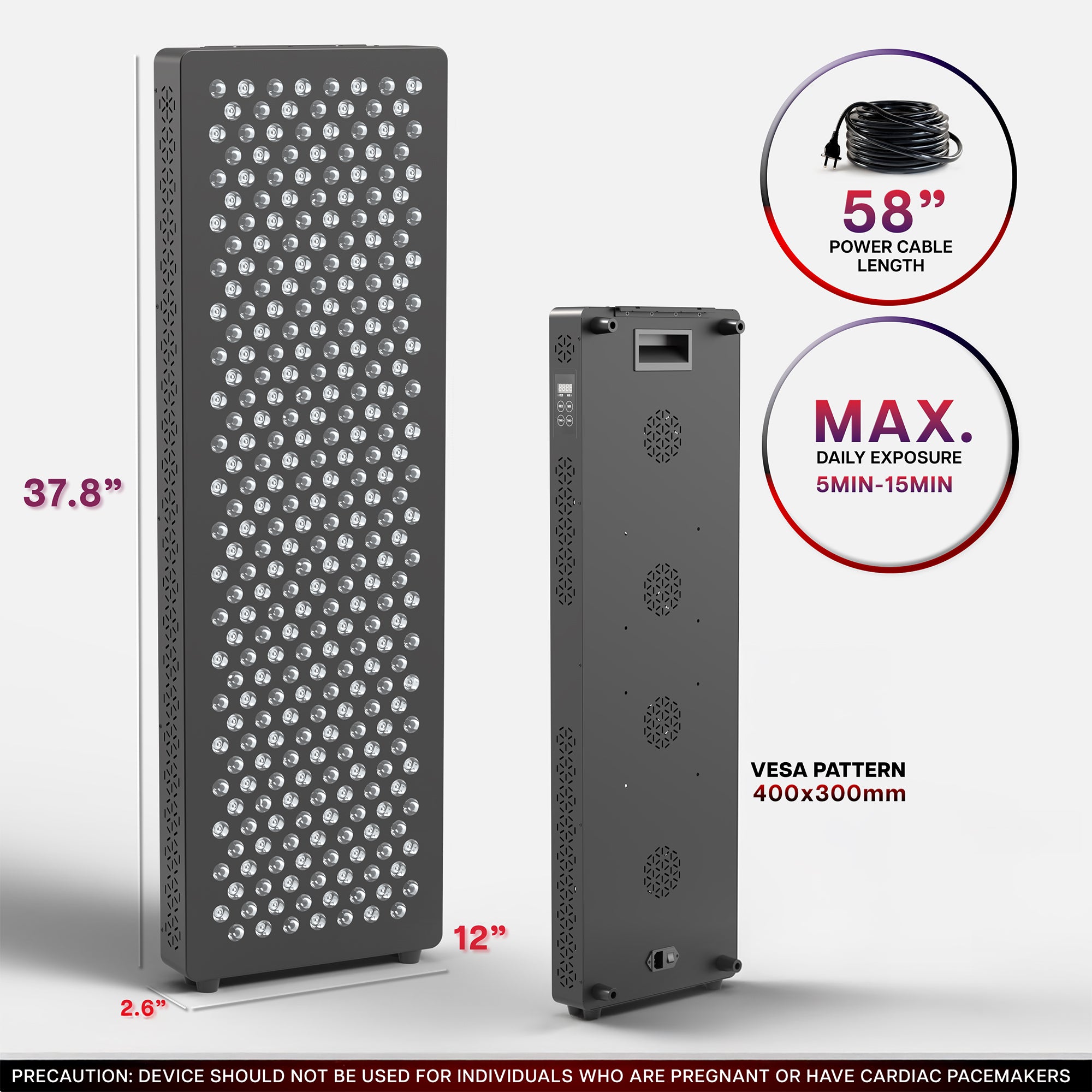 Red light therapy device and power cable length information on a white background