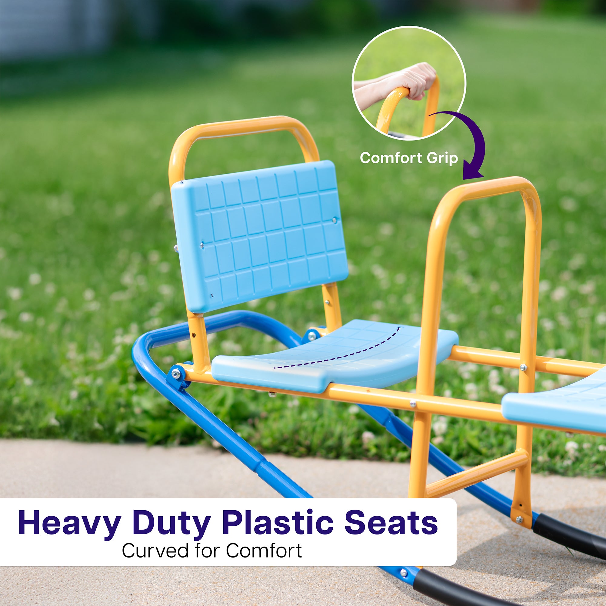 Children's seesaw with blue and yellow seats in a front yard, featuring a comfort grip and sturdy seats.