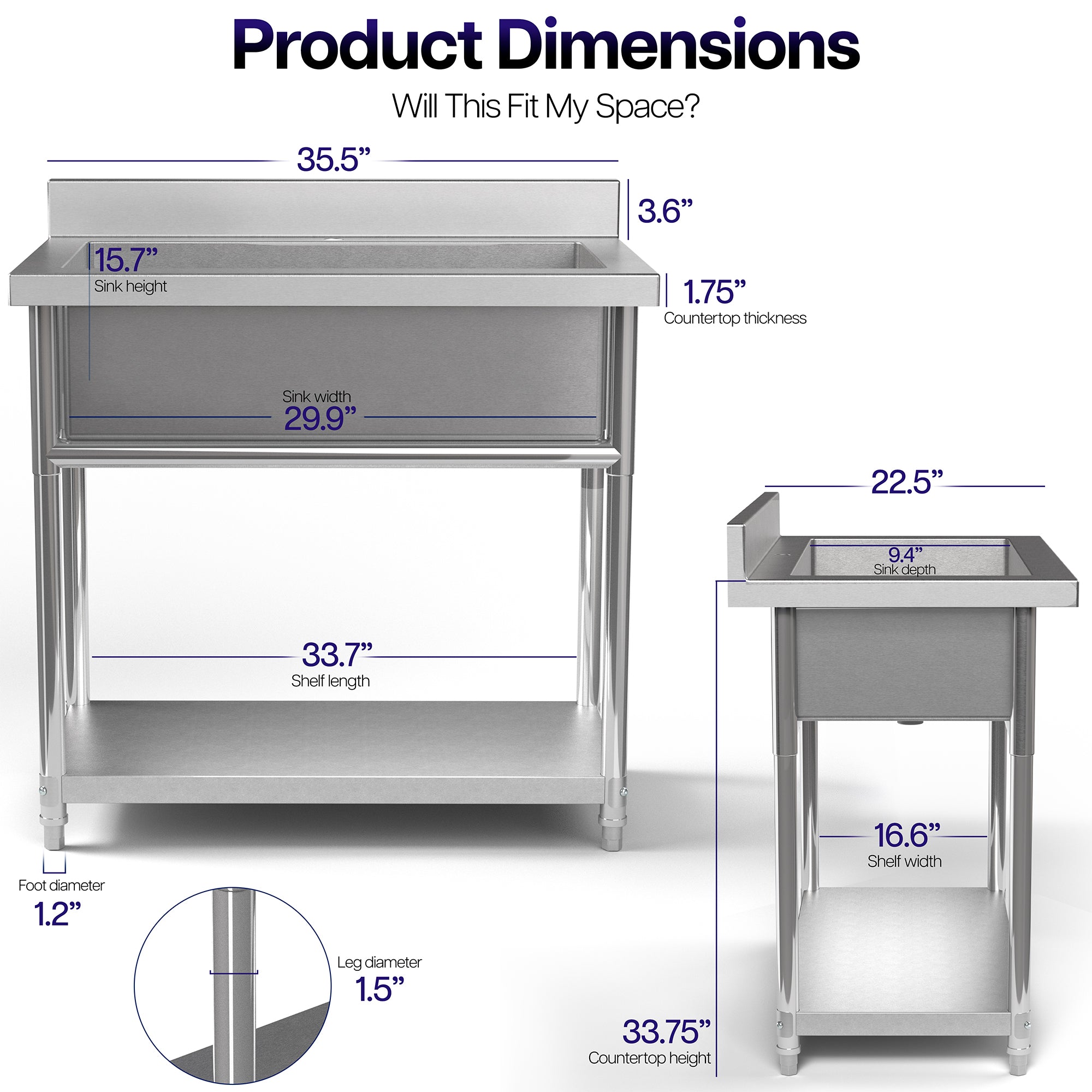 Dimensions and specifications for a Stainless Steel Single Bowl Large Utility Sink