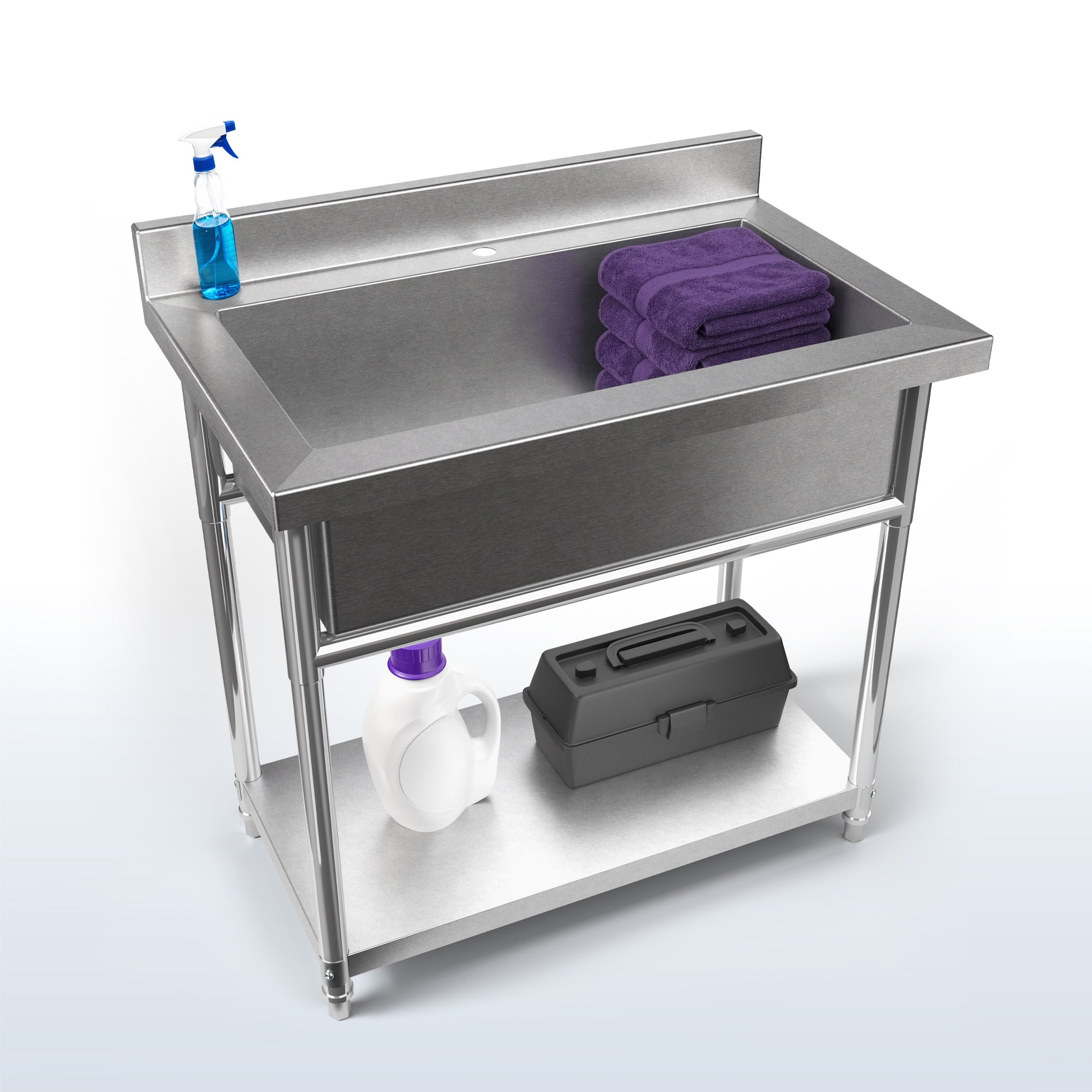 Life Finds by VIVO Stainless Steel Single Bowl Large Utility Sink on a white and blue gradient background.