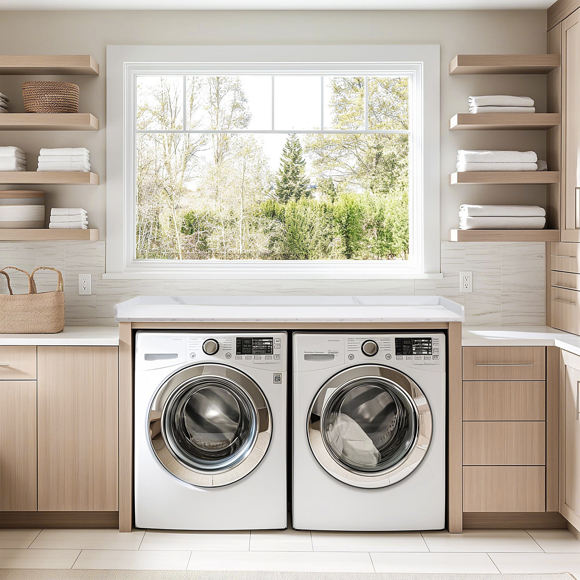 Modern marble washer / dryer countertop with safety lip to create surface space for convenient storage and organization.