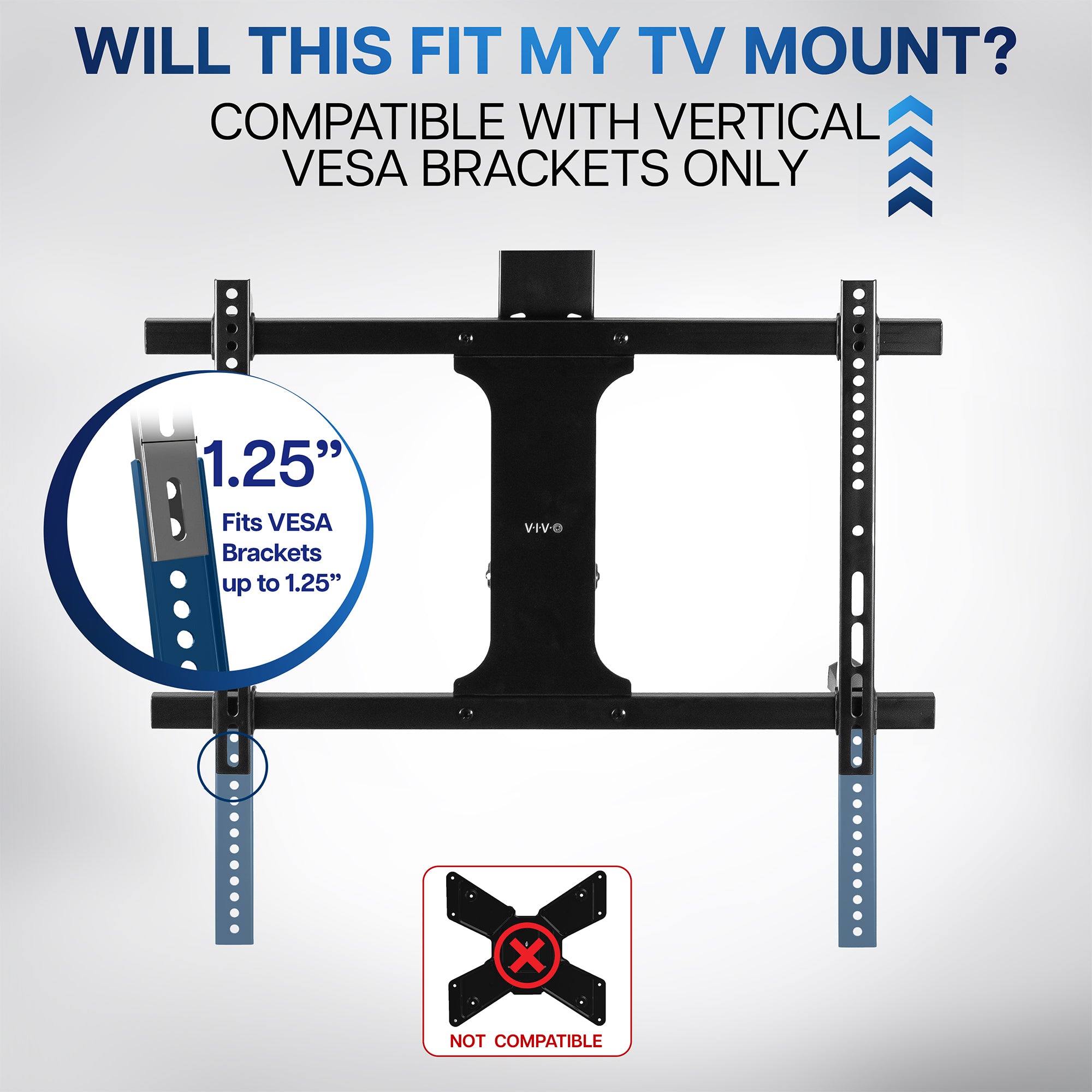Vertical overhead VESA plate extender brackets.