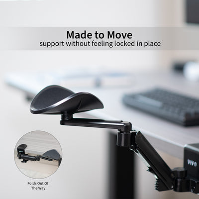 Ergonomic adjustable rotating clamp-on armrest for extra arm support while working.