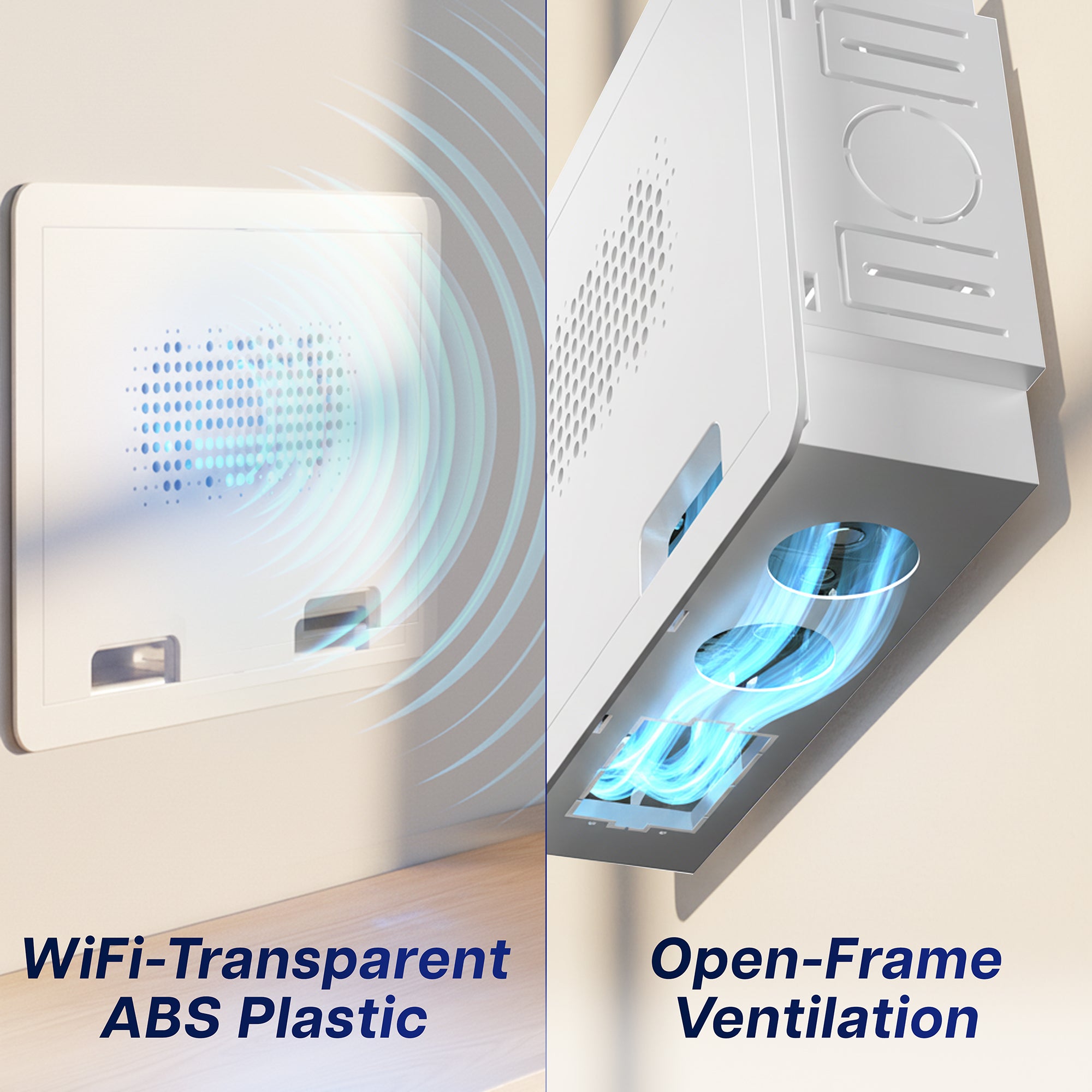 Ventilation system with WiFi-transparent ABS plastic and open-frame ventilation design for the In-Wall Cable and Media Box Enclosure.