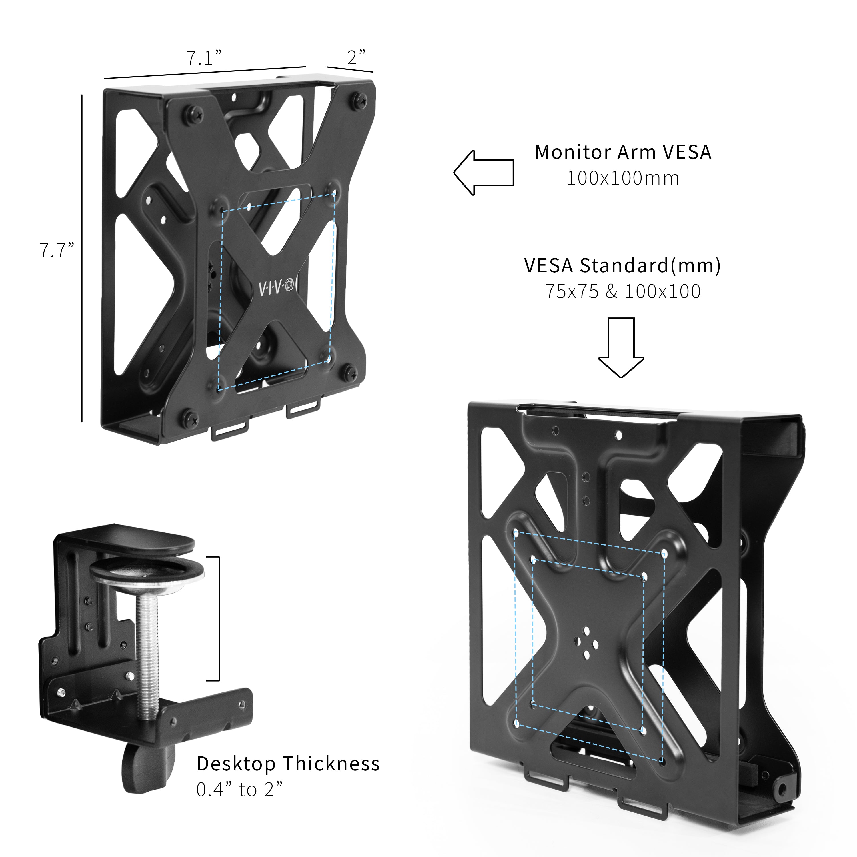 Dimensions and VESA standard details on a white background for the Mount Designed for Dell OptiPlex Micro