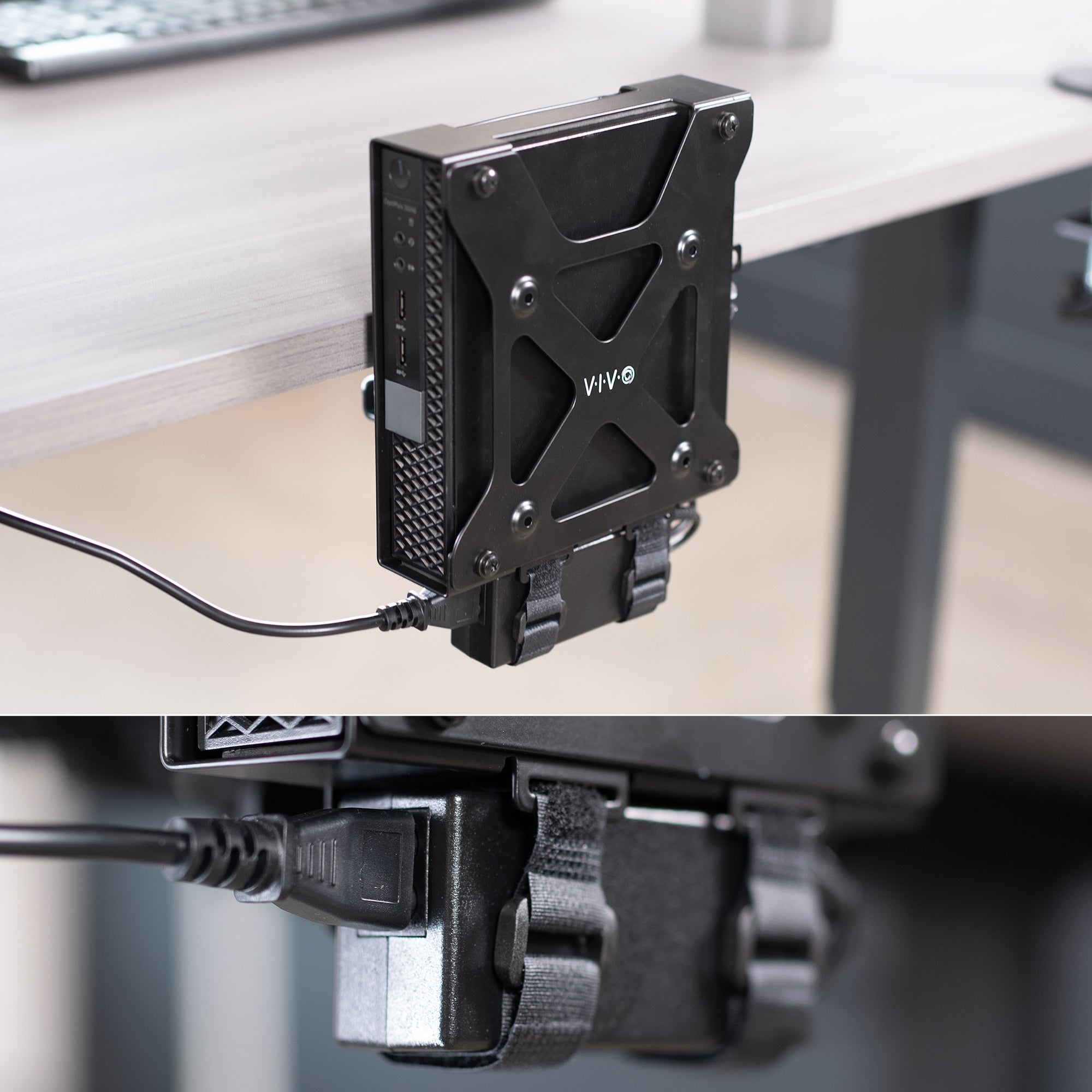 Mount Designed for Dell OptiPlex Micro attached to a desk, showing a close-up of a cable connection.