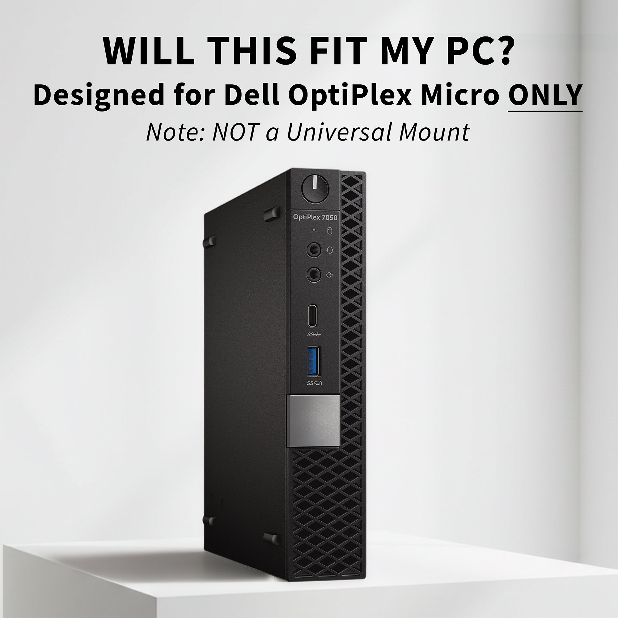 Dell OptiPlex Micro computer tower on a white background with text indicating compatibility.