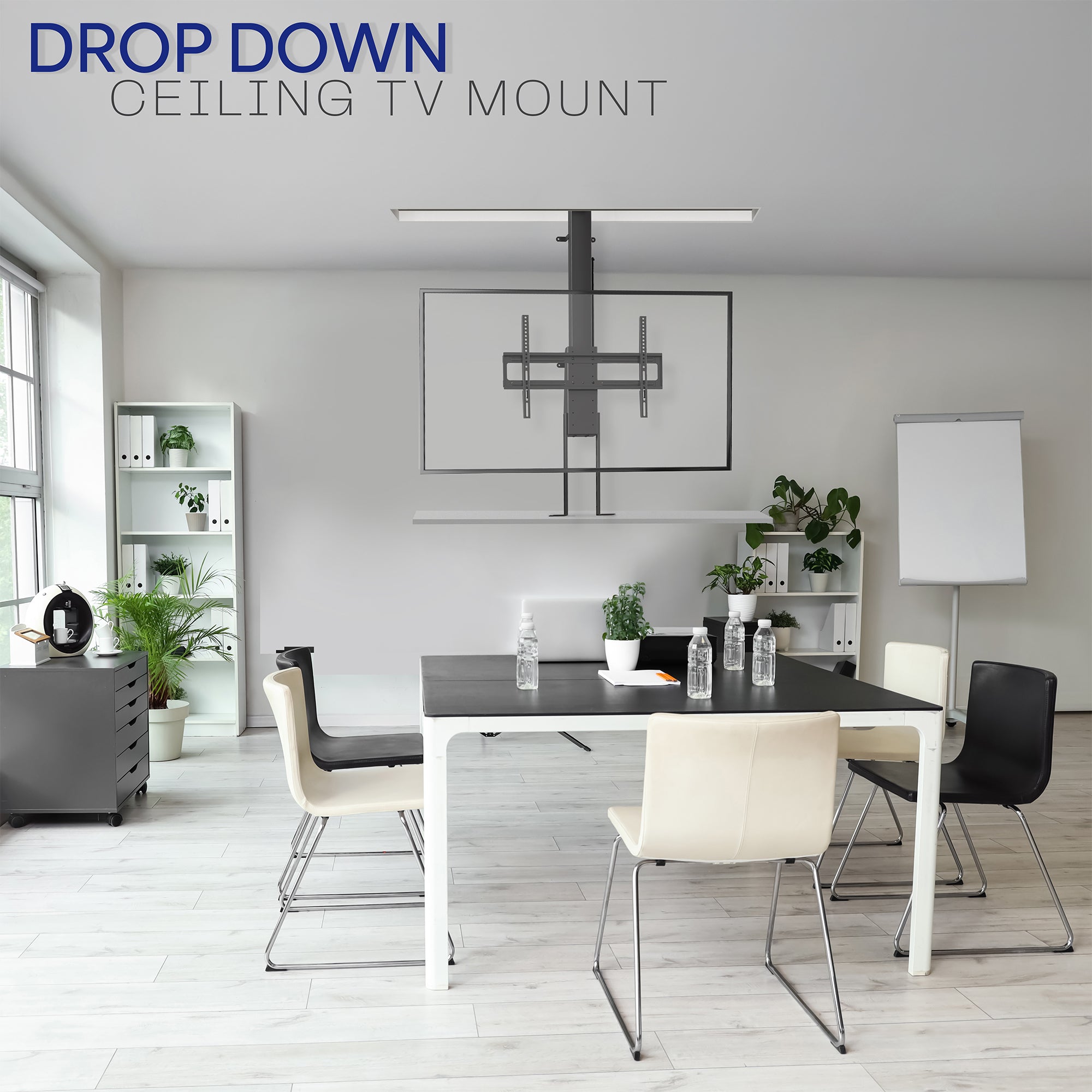 A motorized large TV mount with remote control, showing a flat panel TV attached to a ceiling mount with an extension pole.