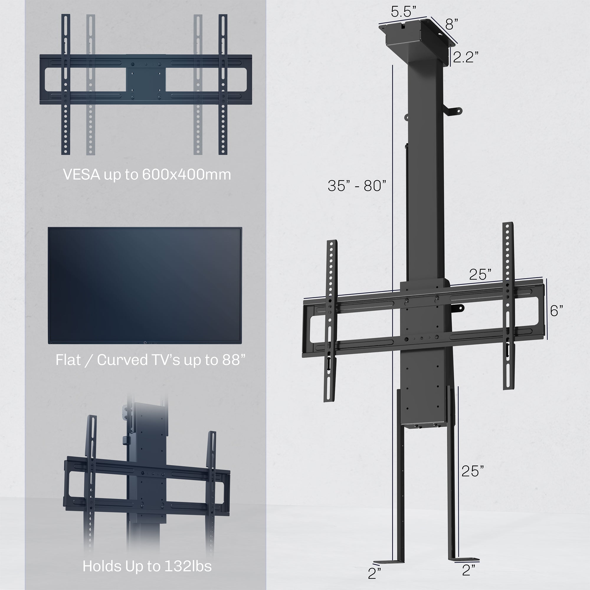 A motorized large TV mount with remote control, showing a flat panel TV attached to a ceiling mount with an extension pole.