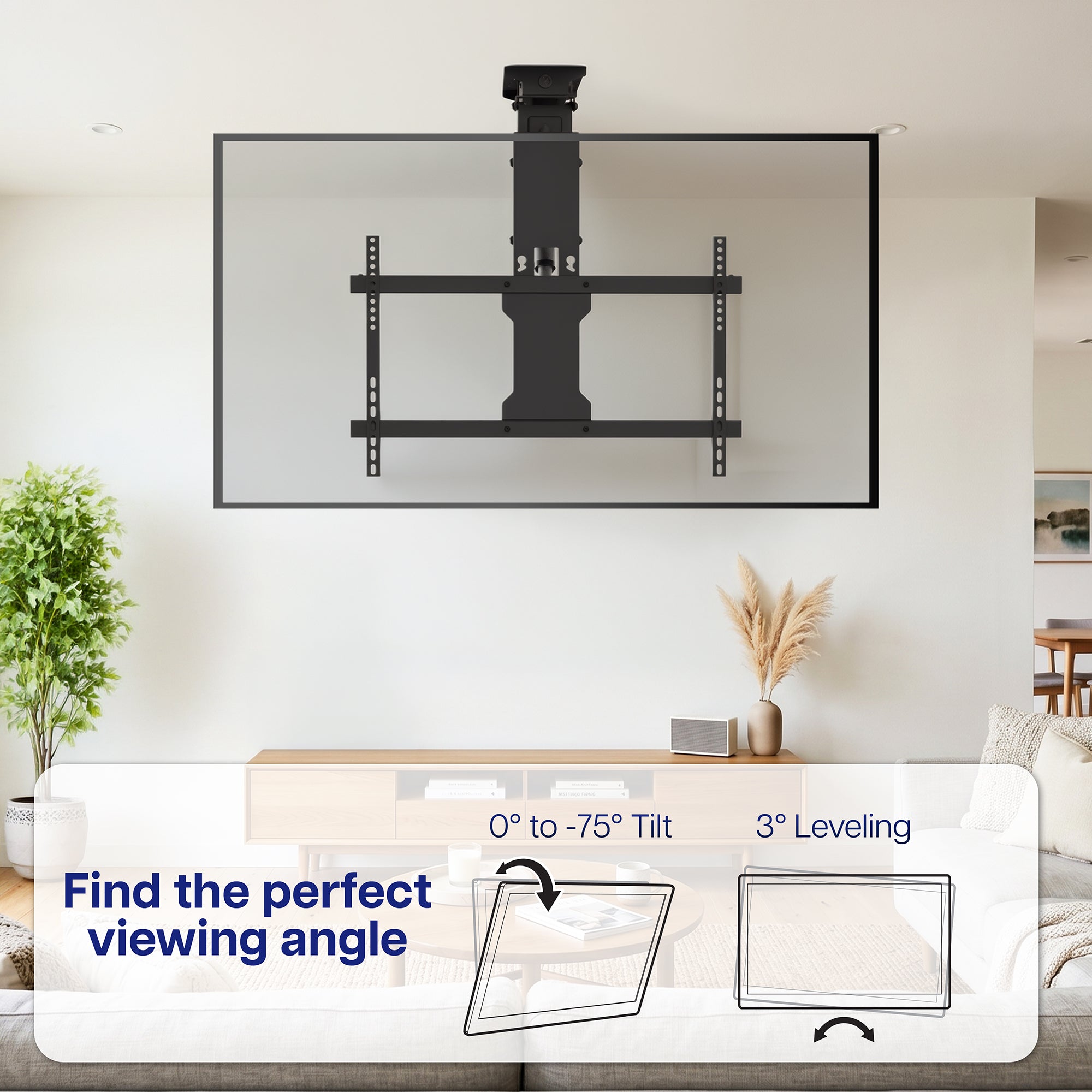 Electric Motorized Flip Down Pitched Roof Ceiling TV Mount with remote control.