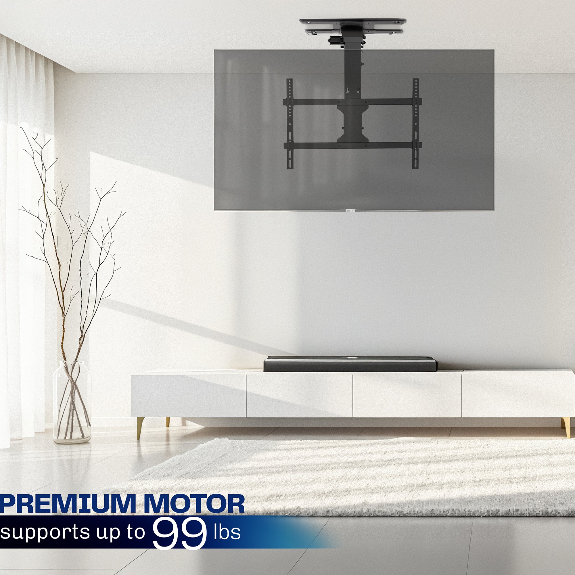 A black electric flip down/swivel ceiling TV mount with a premium motor.