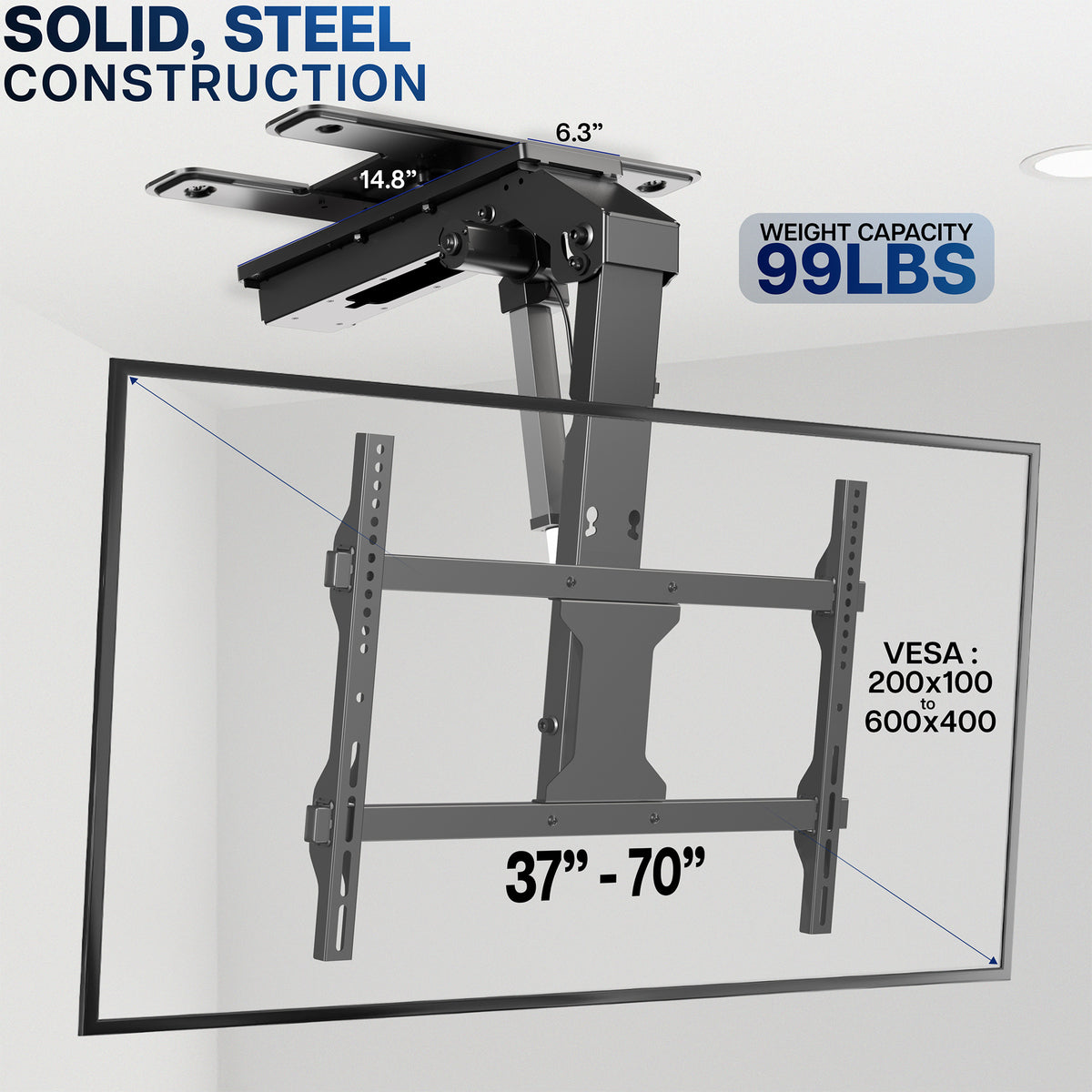 TV mount with solid steel construction, weight capacity, and dimensions displayed on a white background.