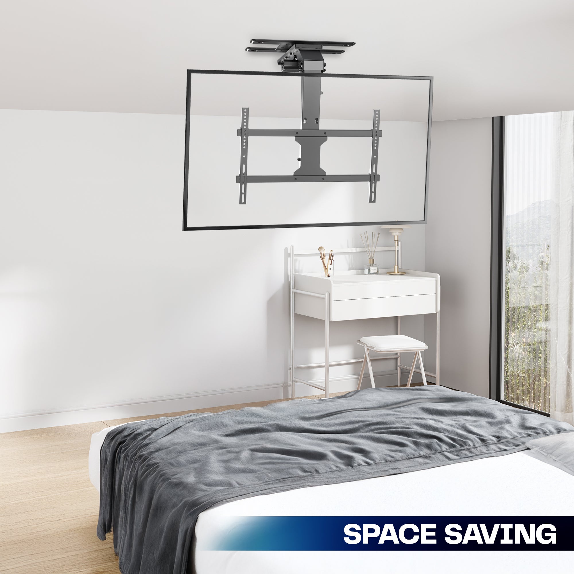 Flip Down / Swivel Ceiling TV Mount designed to save space.