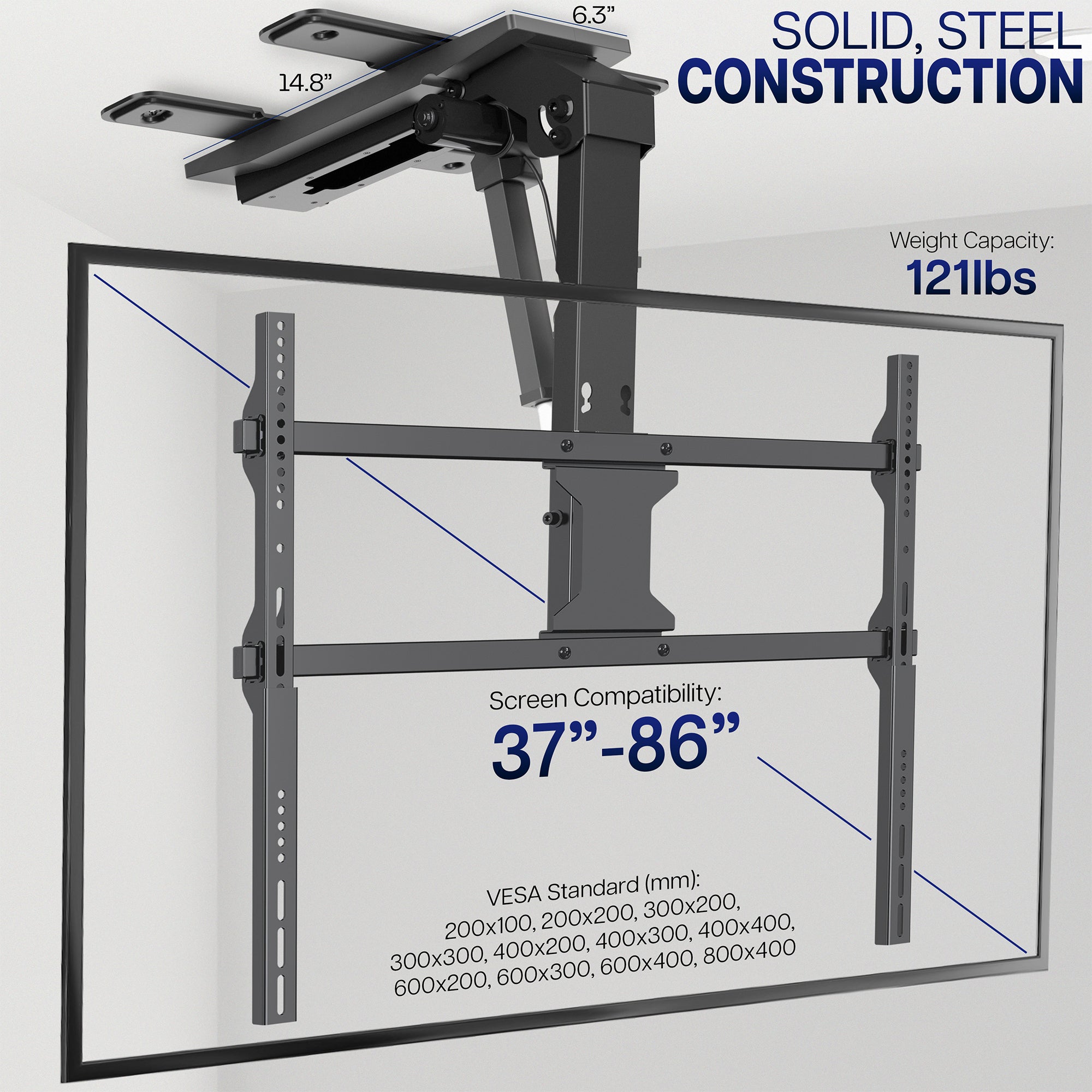 Ceiling TV mount with screen compatibility and VESA standard