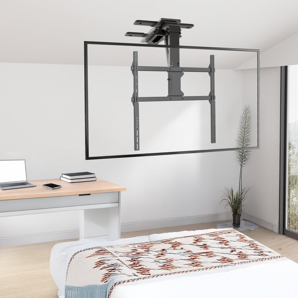 Black TV ceiling mount on sloped ceiling in bedroom setting