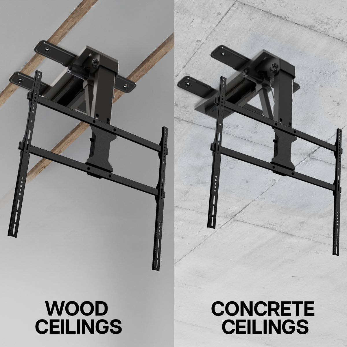 A split comparison showing a black TV ceiling mount against two ceiling types: wood ceiling on the left and concrete ceiling on the right, with text labels 'WOOD CEILINGS' and 'CONCRETE CEILINGS' at the bottom.