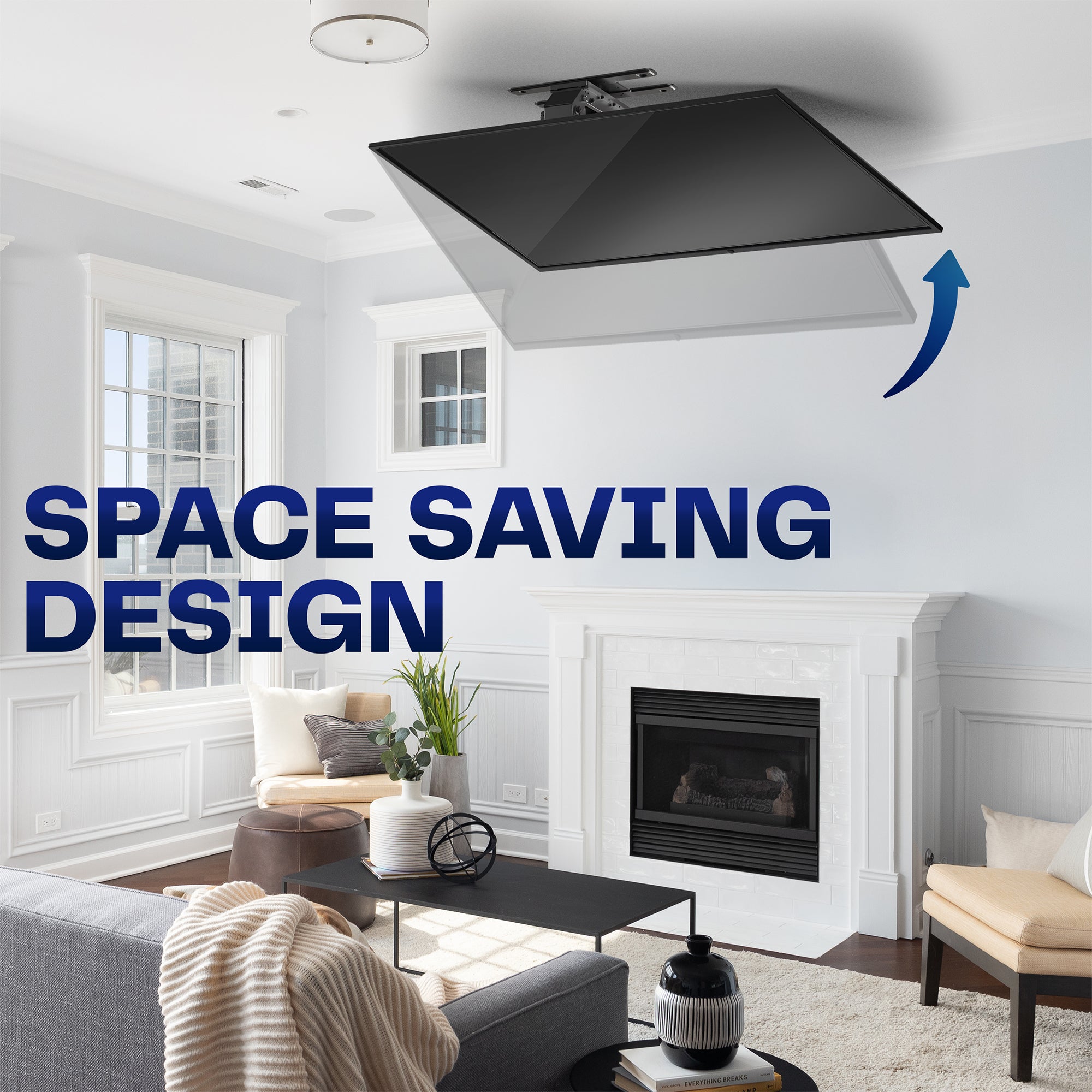 Living room with a Electric Flip Down / Swivel Ceiling TV Mount and text 'Space Saving Design'.
