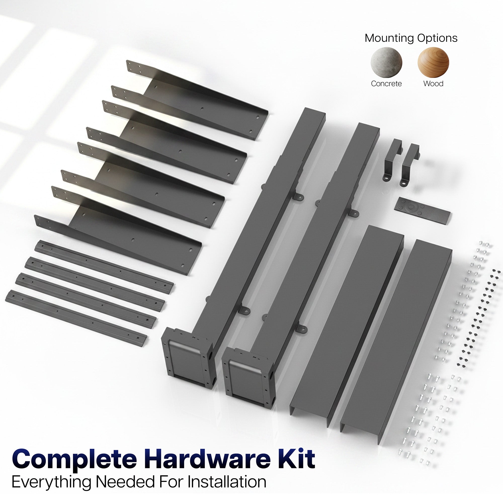 Complete hardware kit for installation with mounting options on a white background