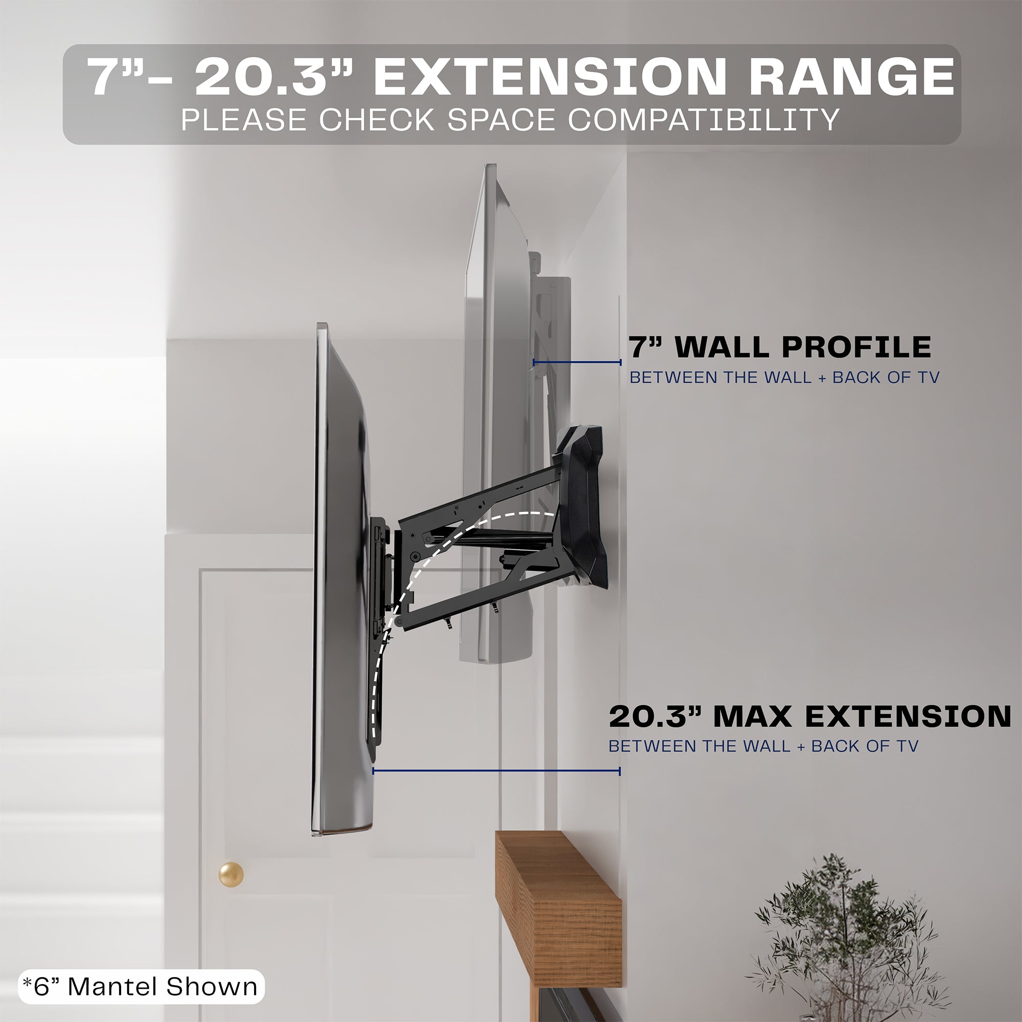 TV wall mount with extension range details on a neutral background