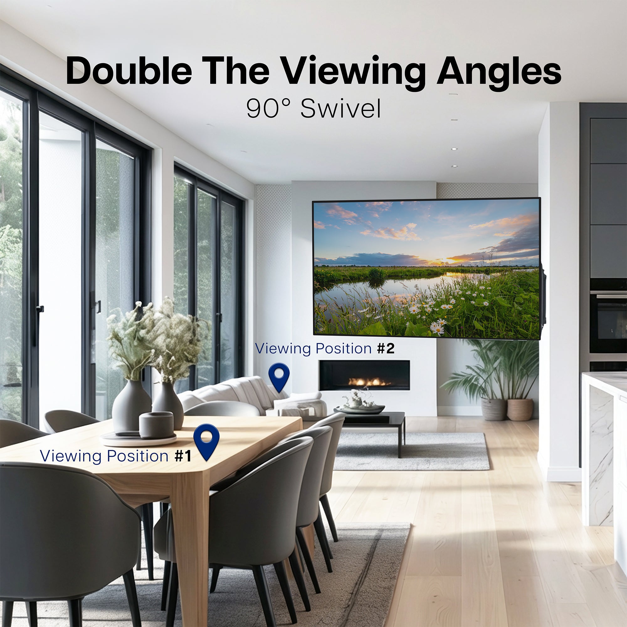 Living room with a large TV displaying a scenic view, showing two viewing angles.