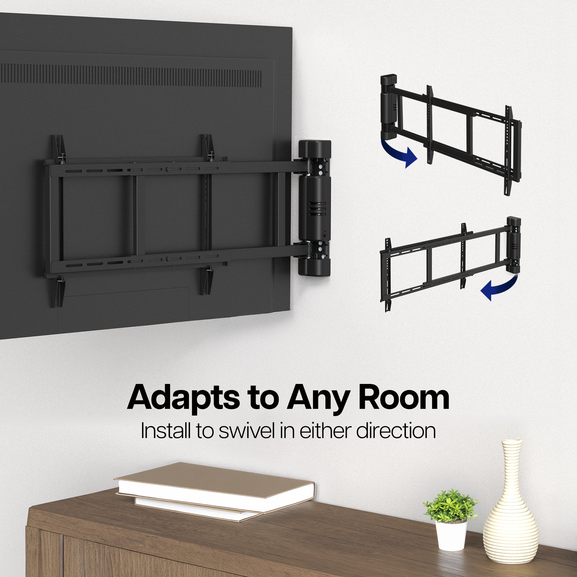 Electric Swing Wall Mount for 32” to 75” TVs with swivel feature on a white wall above a wooden table.