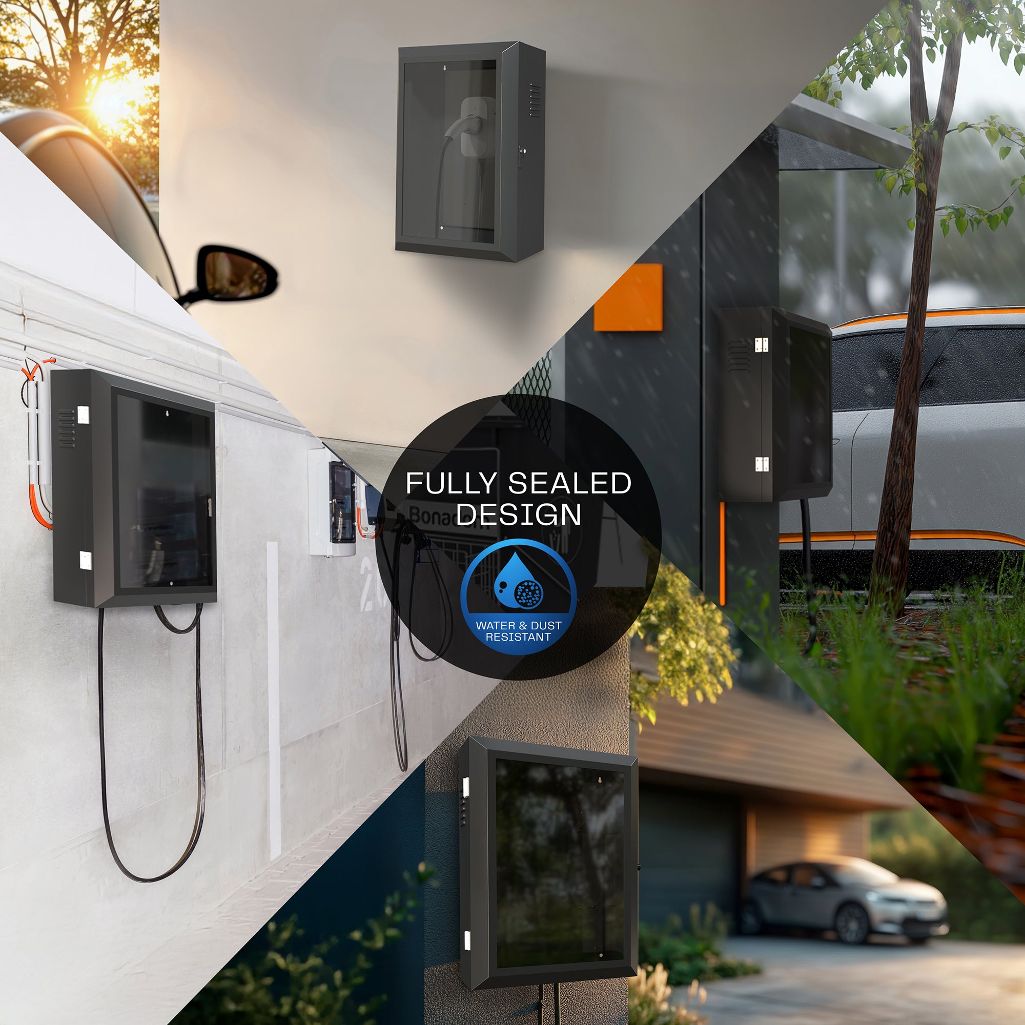 Black wall-mounted water-resistant EV charger box with a locking glass door.