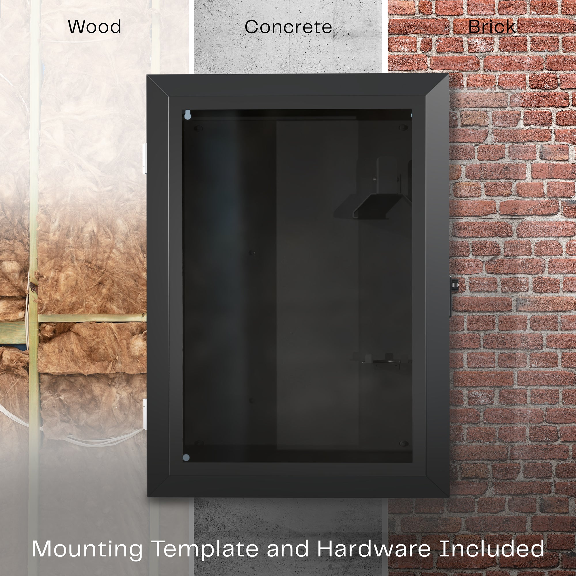 Black wall-mounted water-resistant EV charger box with a locking glass door mounted on various surfaces.