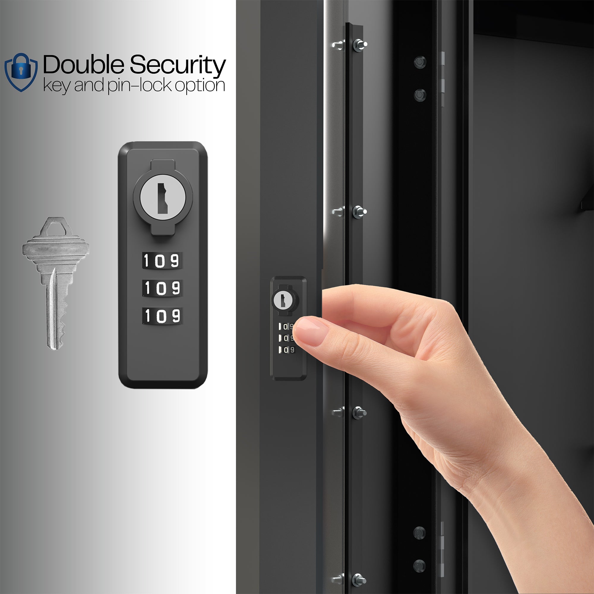 Black wall-mounted water-resistant EV charger box with a locking glass door and included pin lock option for double security.