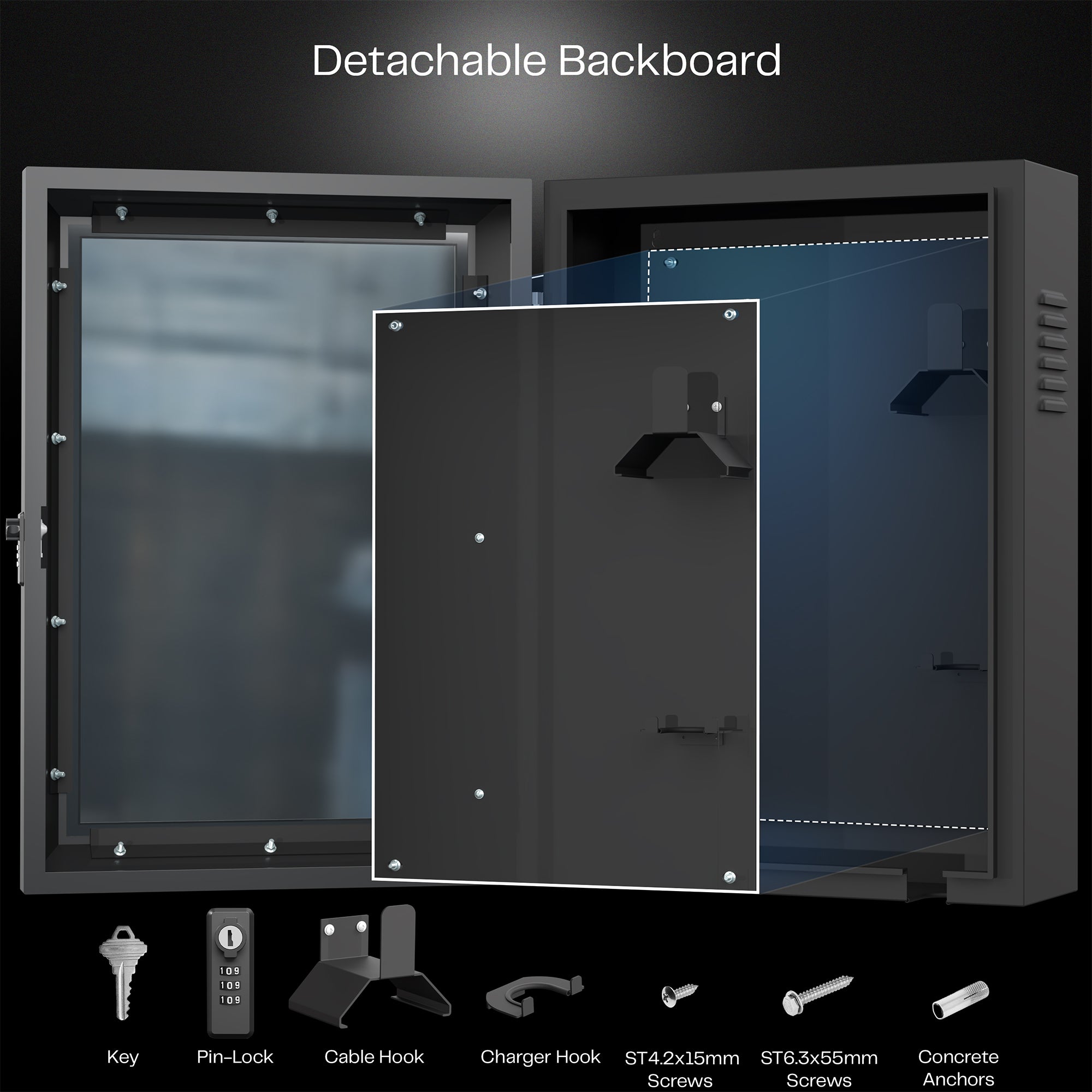 Detachable backboard with key, pin-lock, cable hook, and other accessories on a black background
