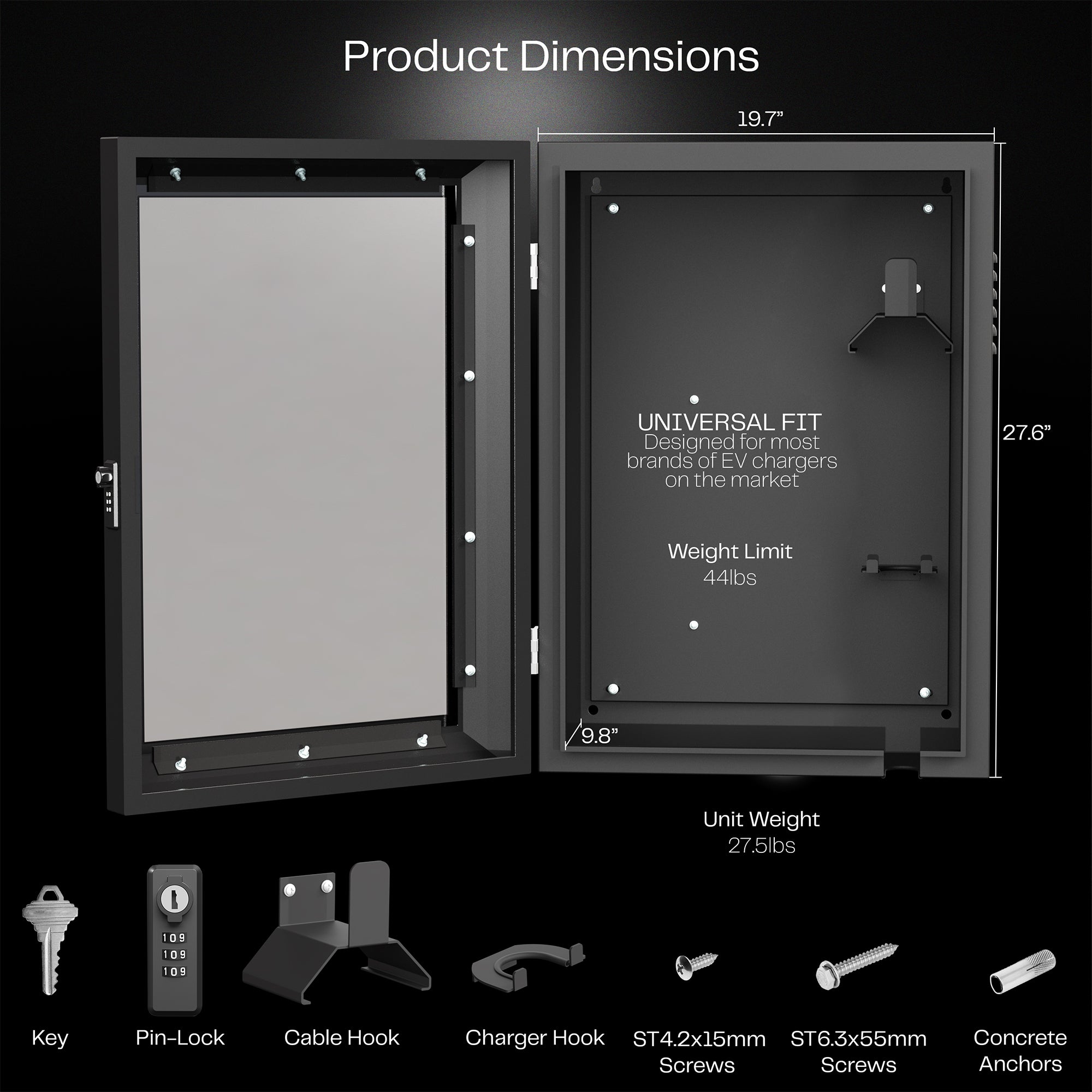 Black wall-mounted water-resistant EV charger box with a locking glass door.