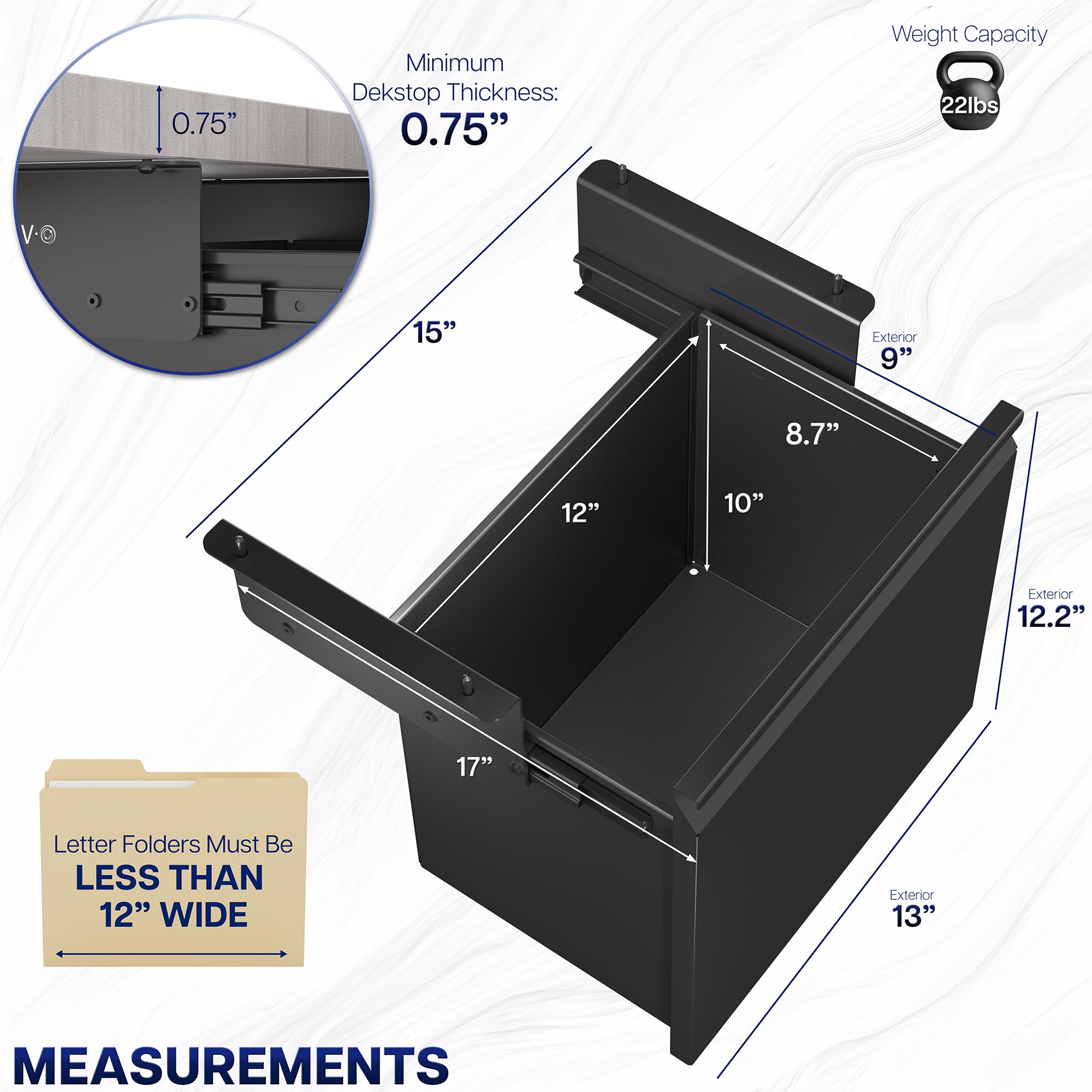 Black under desk filing cabinet with measurements on a white background