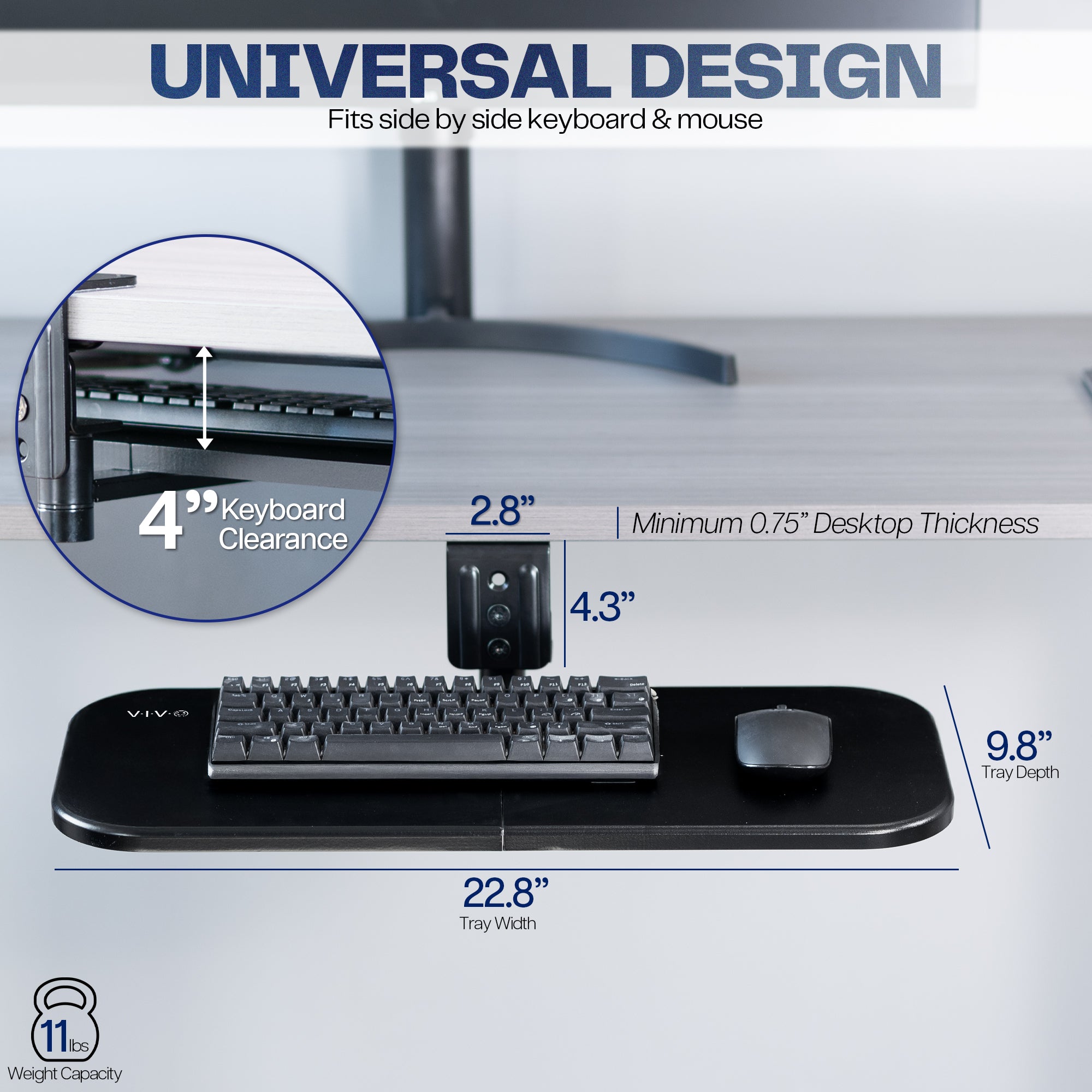 Keyboard tray with measurements and features on a white background