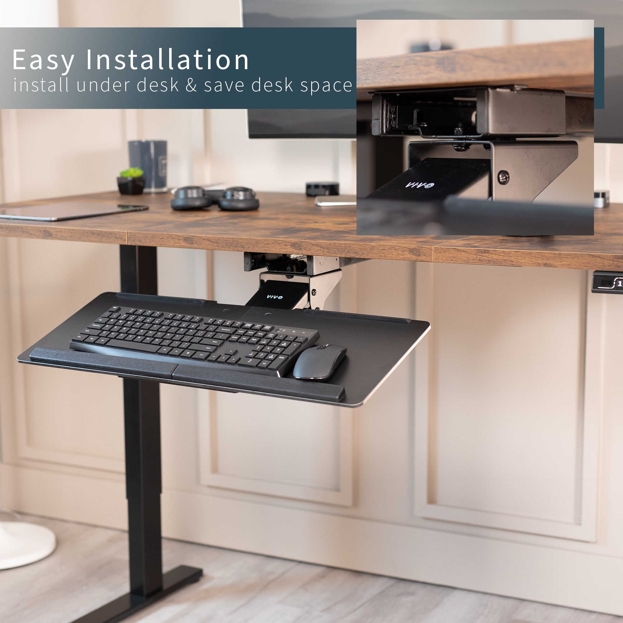 Keyboard tray attached to a desk with text 'Easy Installation' and 'install under desk & save desk space'.