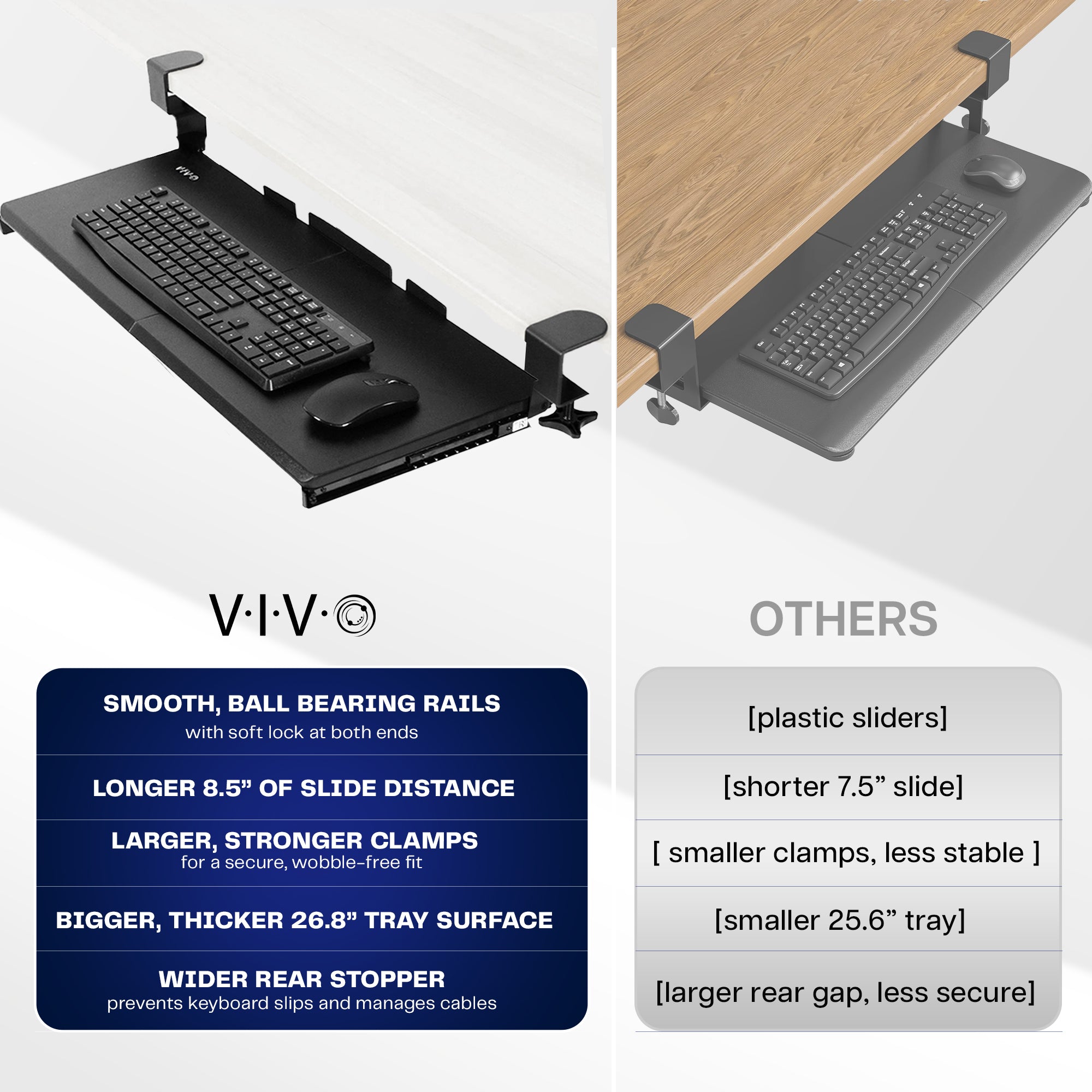 Under desk solid steel sliding keyboard tray.