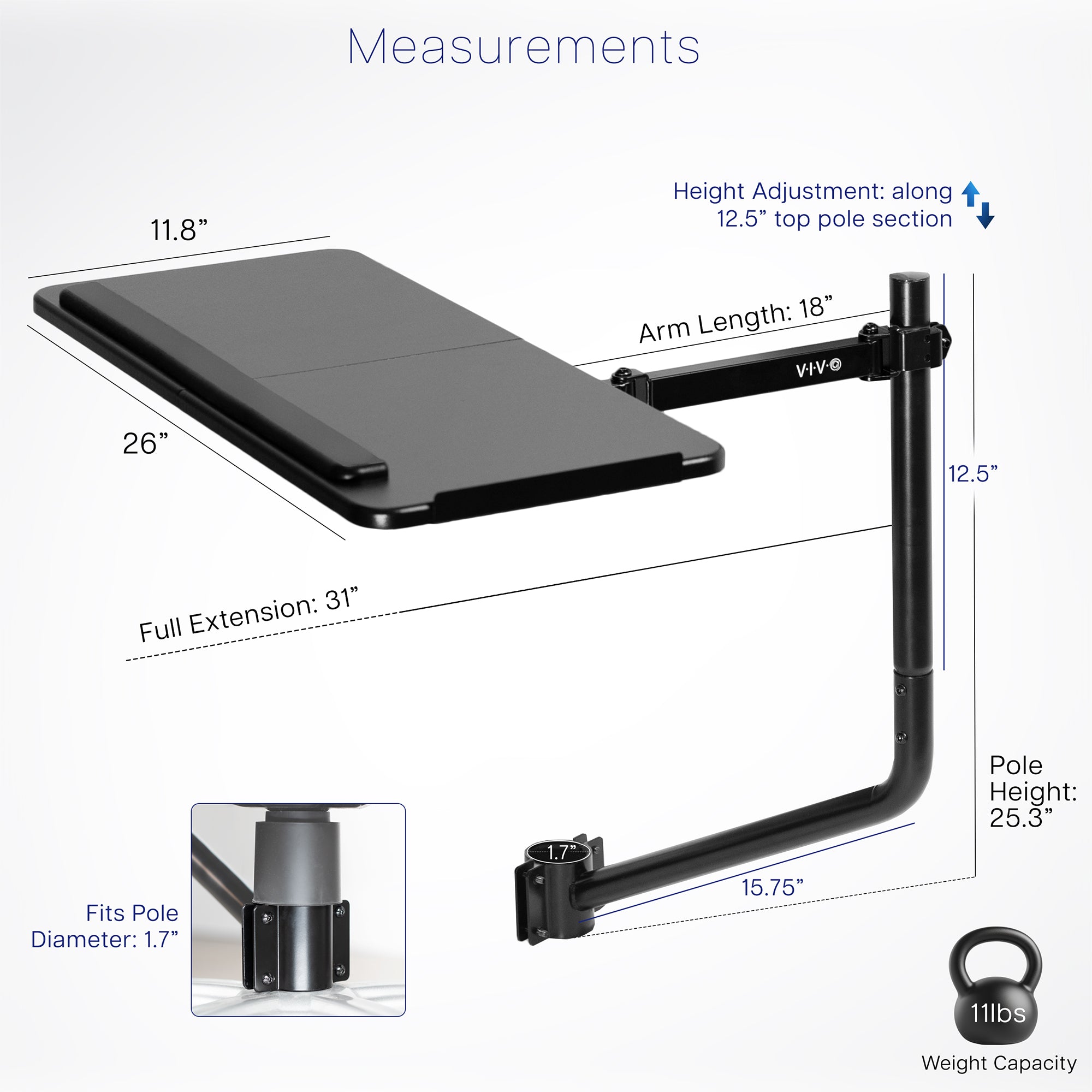 Office chair pole mounting keyboard tray with height adjustment, tilt, and rotation.