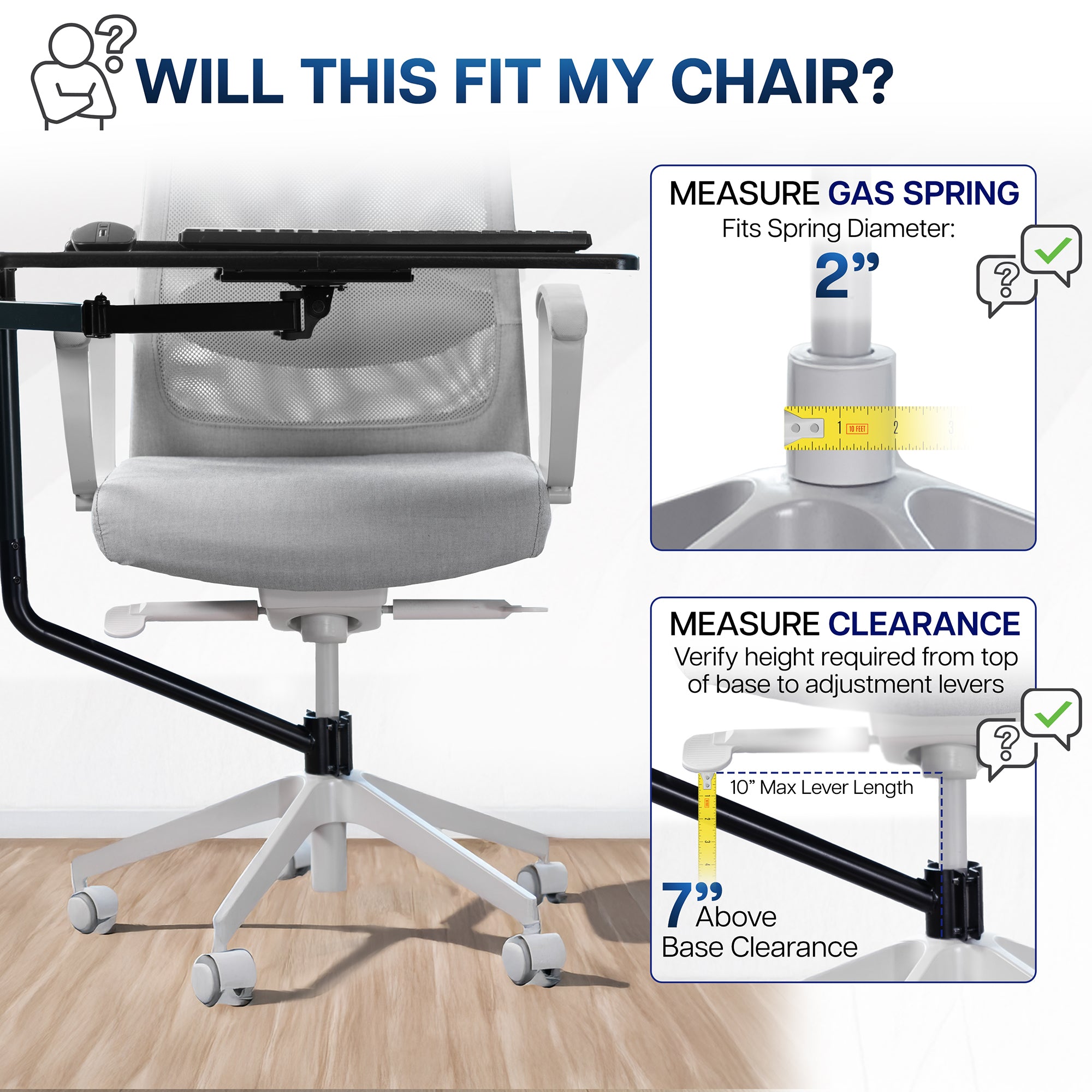 Office chair pole mounting keyboard tray with height adjustment, tilt, and rotation.