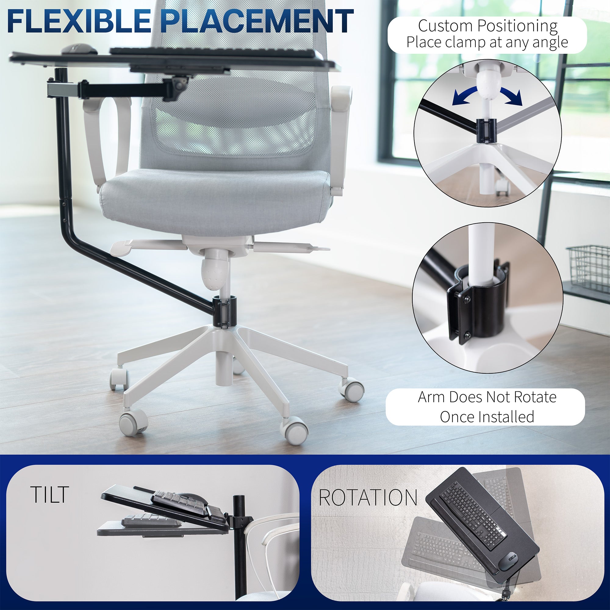 Office chair pole mounting keyboard tray with height adjustment, tilt, and rotation.