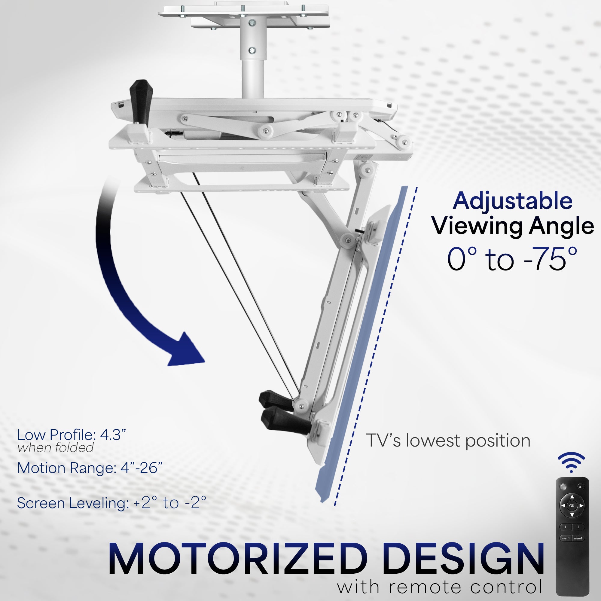 Motorized TV ceiling mount with adjustable viewing angle and remote control on a white background