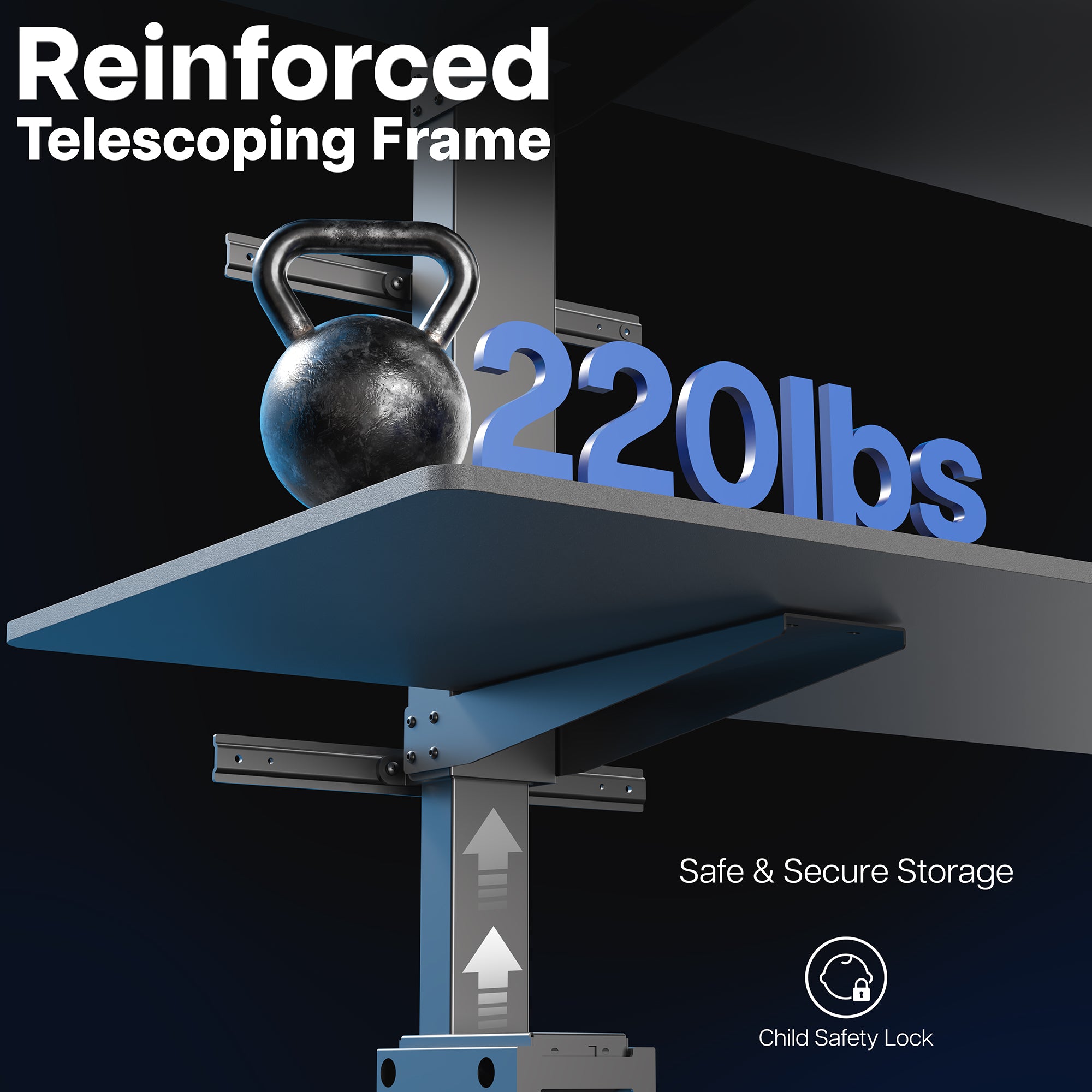 Storage unit with a kettlebell and '220lbs' label, emphasizing reinforced telescoping frame and safe storage.