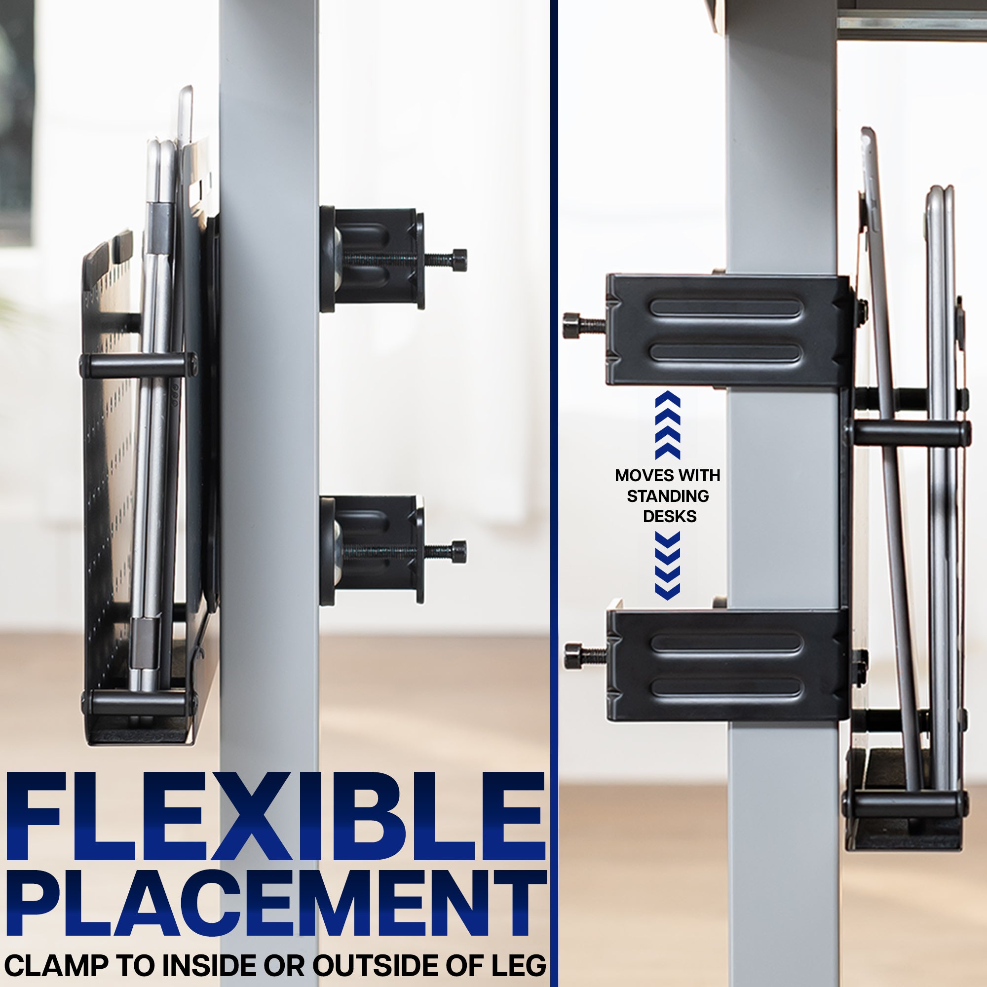 Steel Clamp-on Desk Leg Laptop Mount Holder for adjustable standing desk with text on flexible placement.