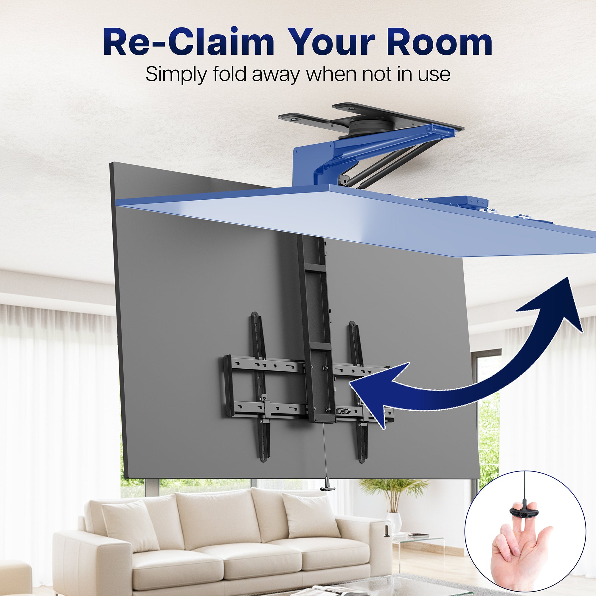Manual Flip Down TV Ceiling Mount with screen in a living room setting, showing ease of use.