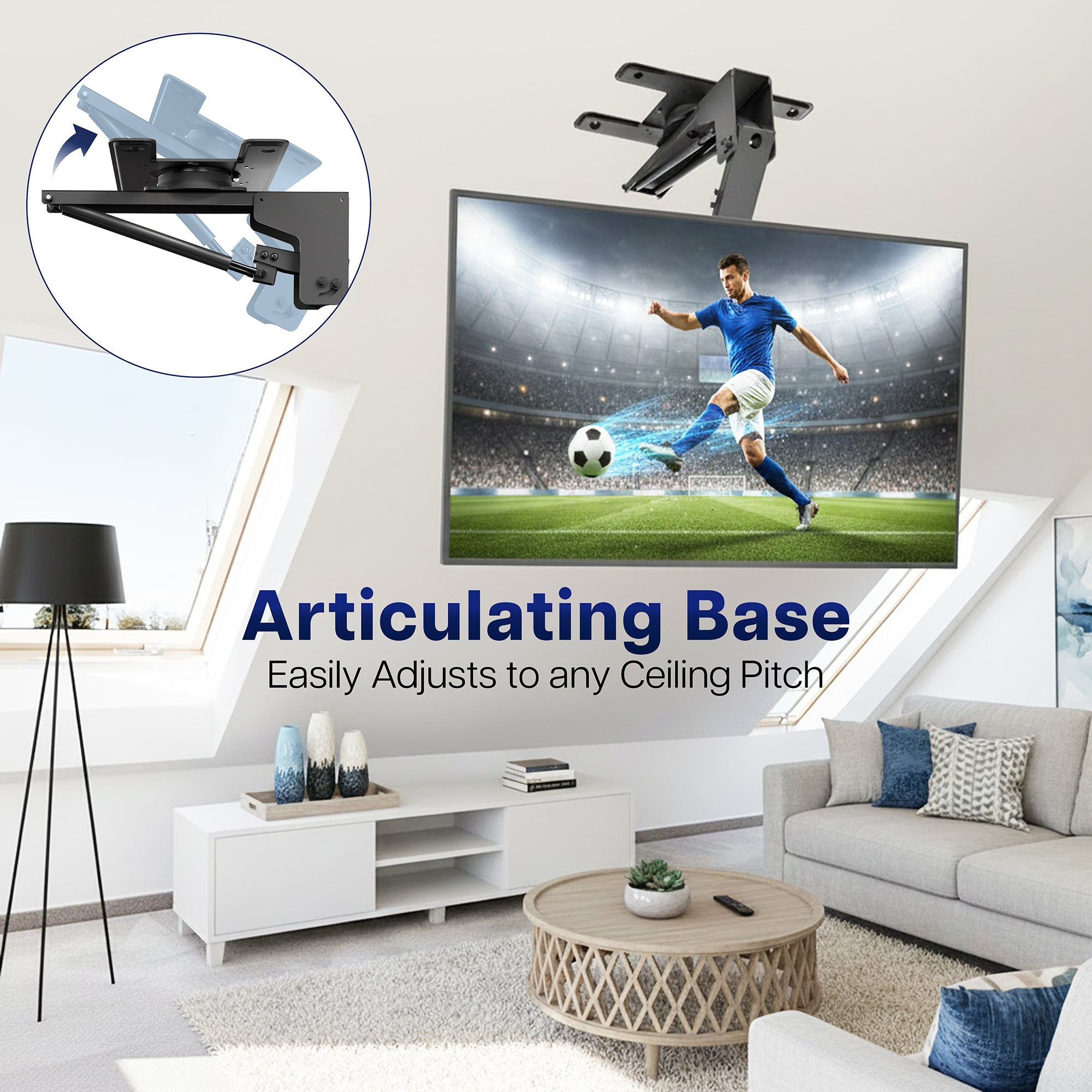 Living room with a Manual Flip Down TV Ceiling Mount mounted on the wall, featuring an articulating base.