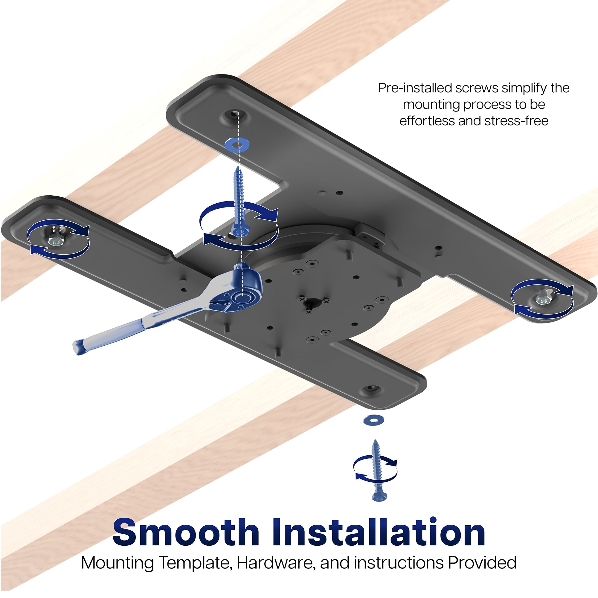 Ceiling mount with screws and tools on a wooden surface, highlighting smooth installation process of a Manual Flip Down TV Ceiling Mount.