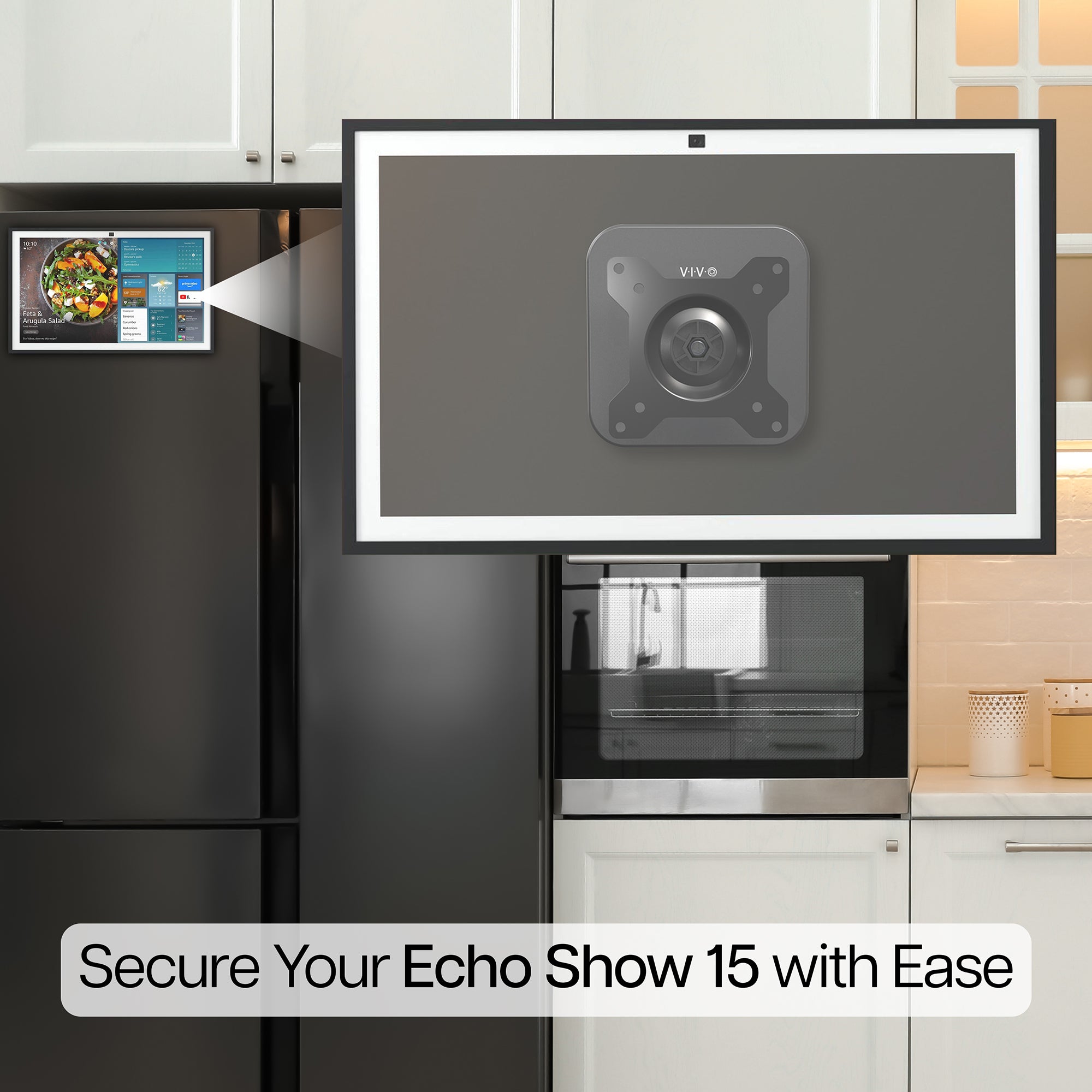Black metal bracket with an Echo Show 15 mounted to it on a refrigerator.