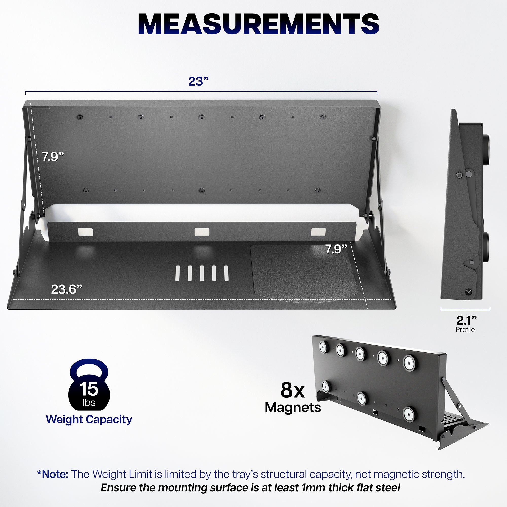 Magnetic flip down keyboard tray dimensions showing keyboard platform, mounting plate, and compact folding design