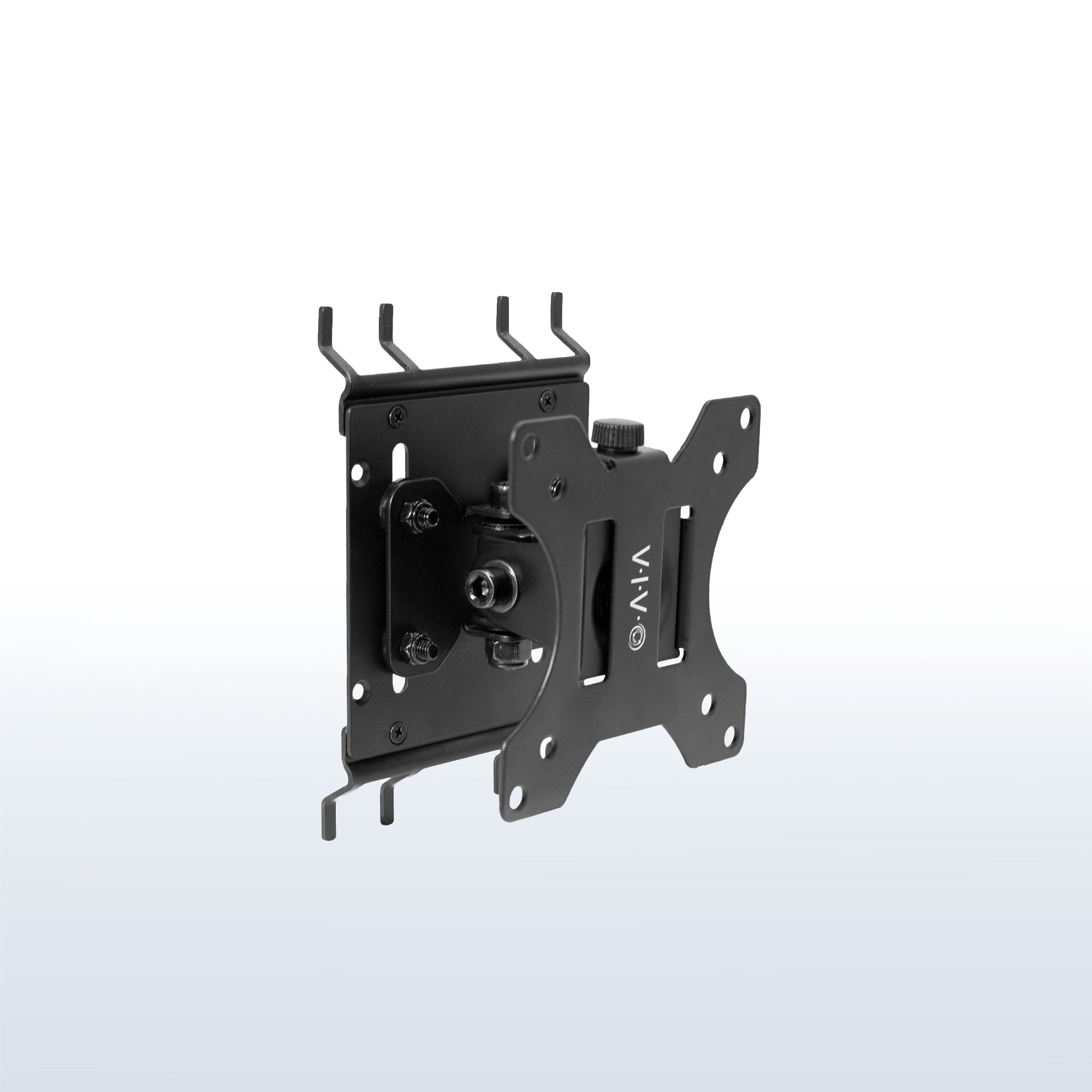 Pegboard mounted single monitor mount with tilt, swivel, and rotation.