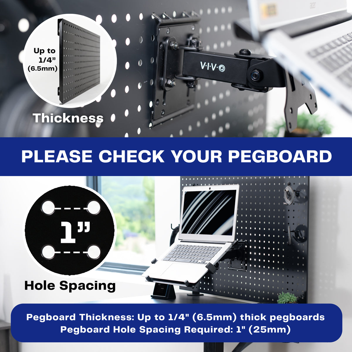Pegboard compatibility information image with details about pegboard thickness and hole spacing.