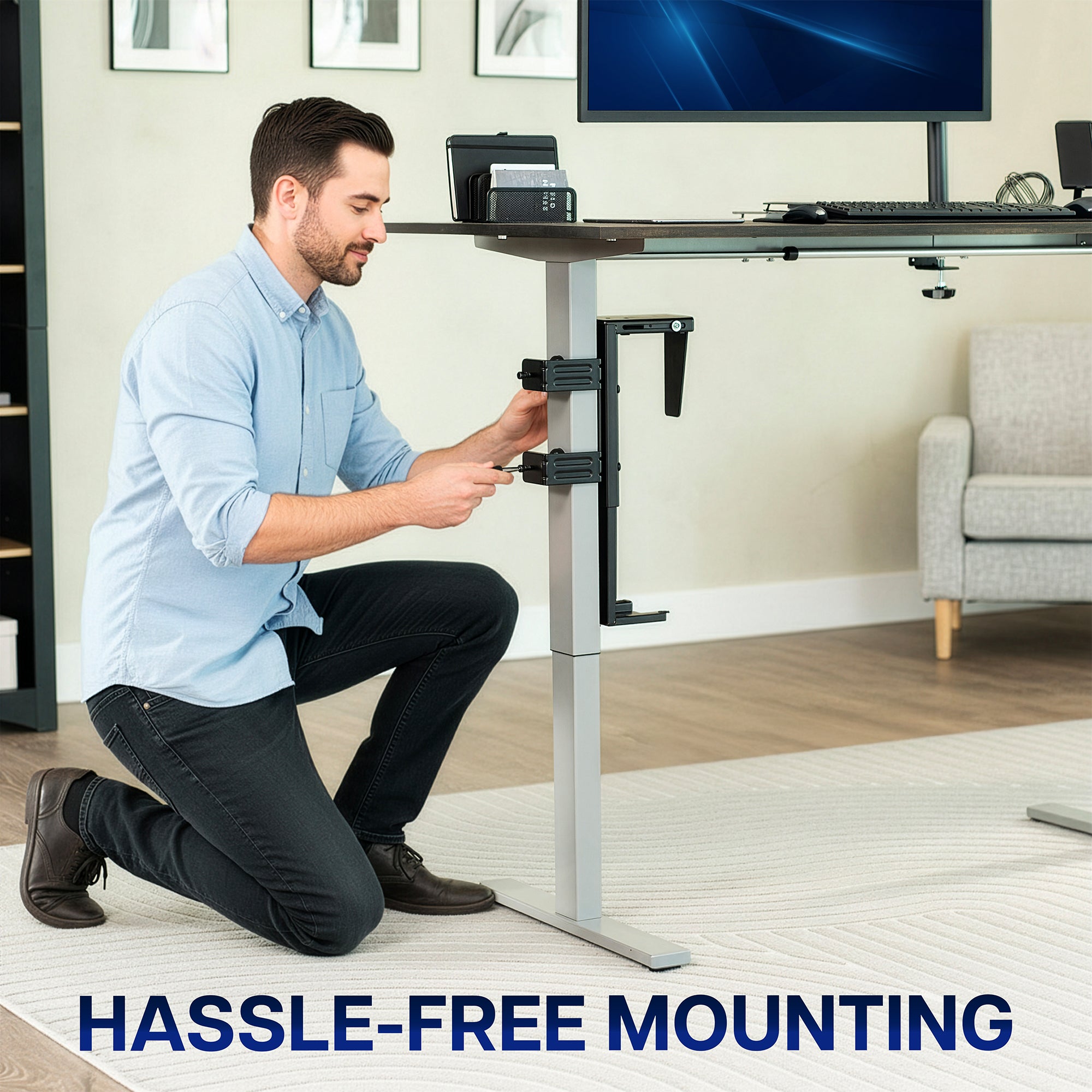 Clamp-on PC mount secures to desk legs for convenient placement.