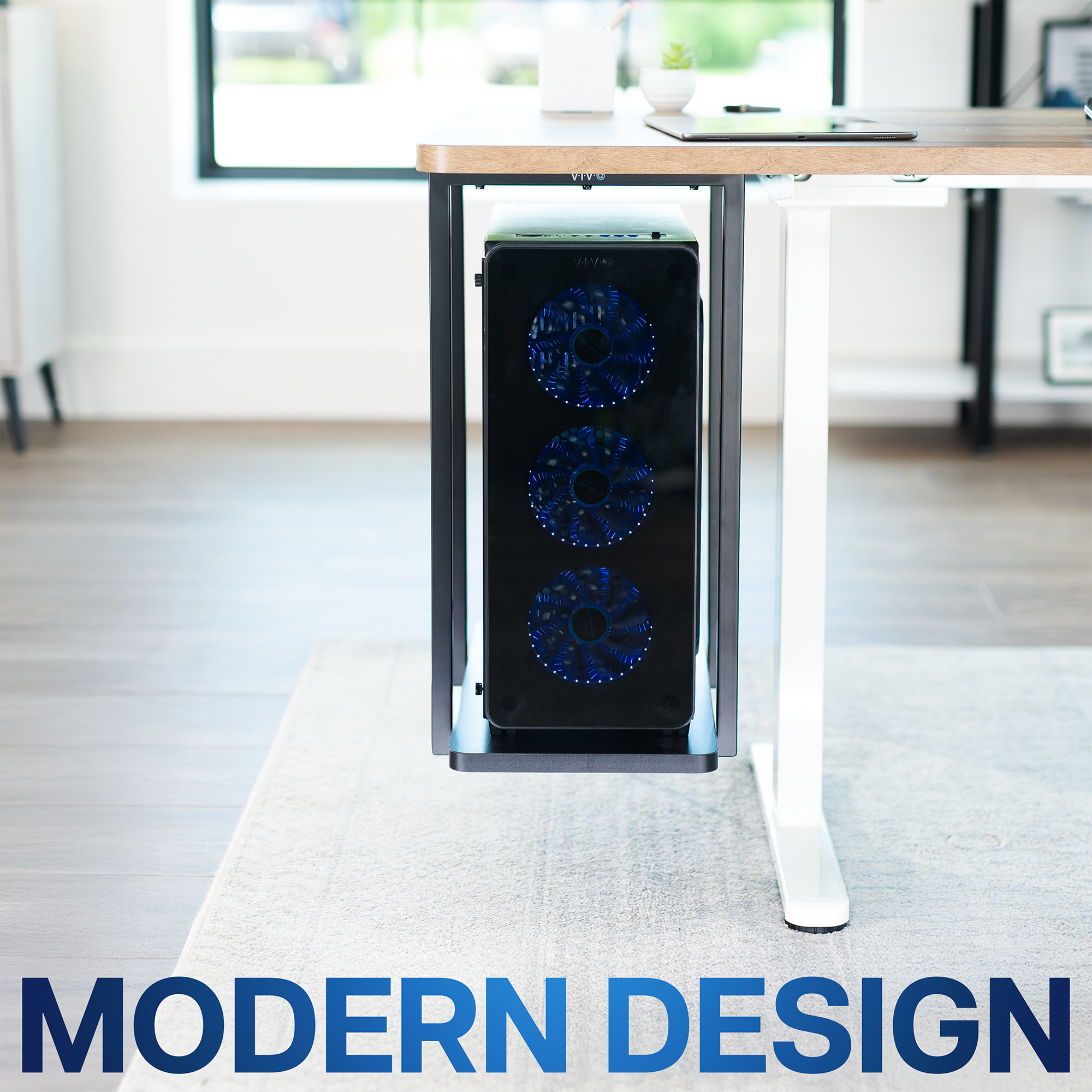 Computer case on a desk with text