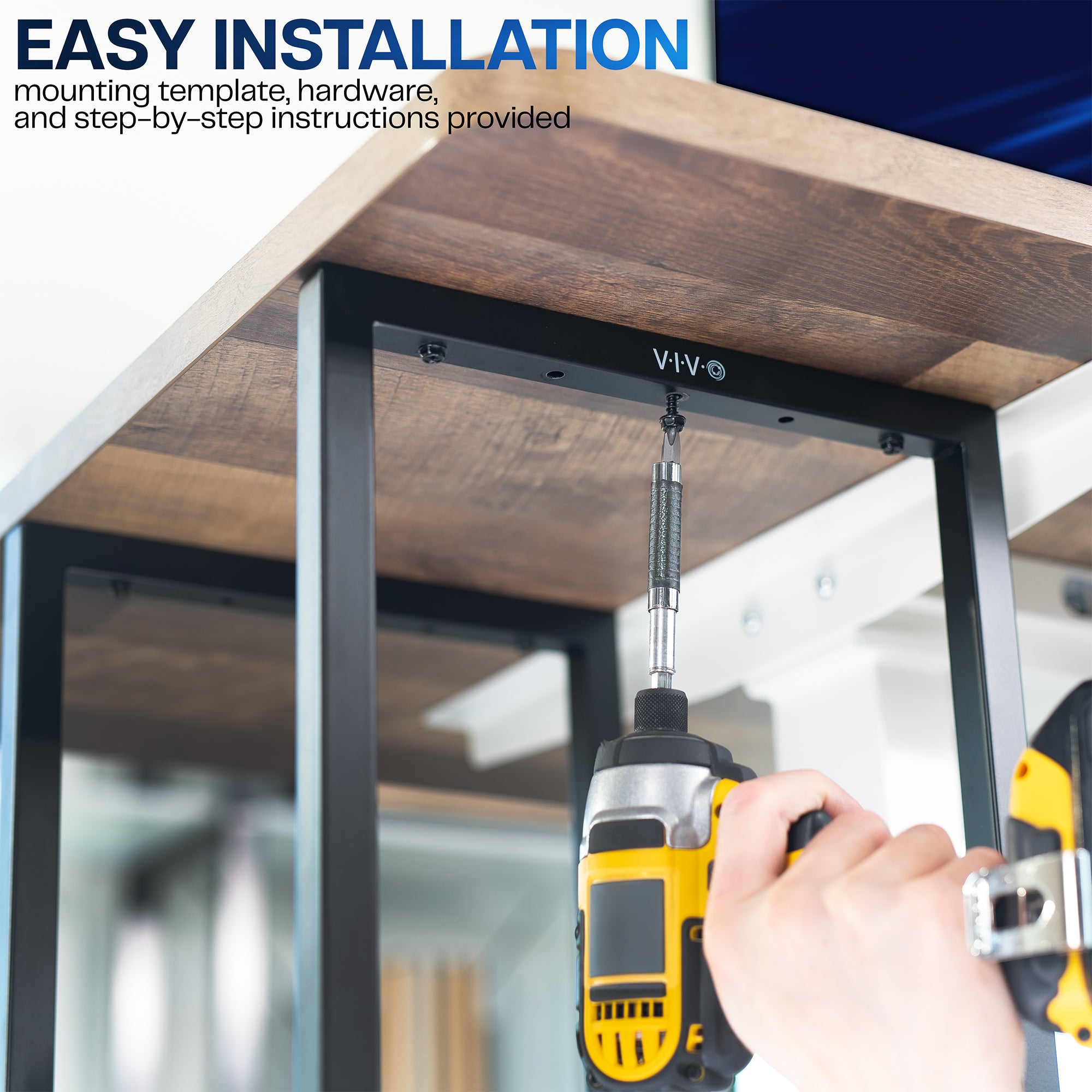 Person using a drill to install a wooden shelf with VIVO branding.